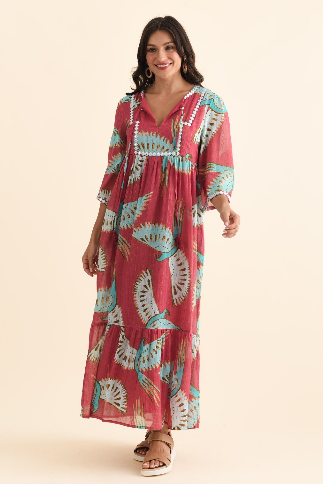 Lorrini Red Bird Cotton Tier Dress