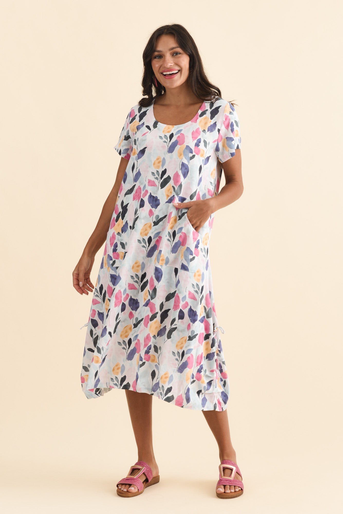 Lula Pink Leaf Linen Cotton Dress
