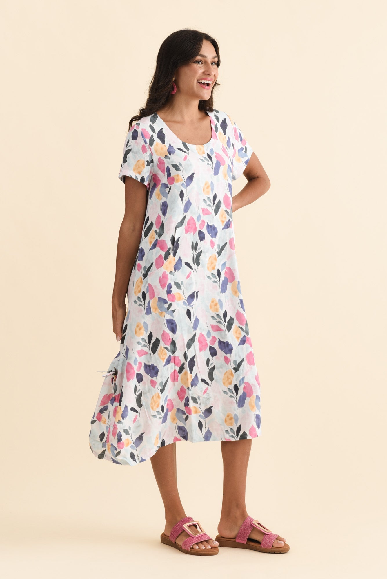 Lula Pink Leaf Linen Cotton Dress