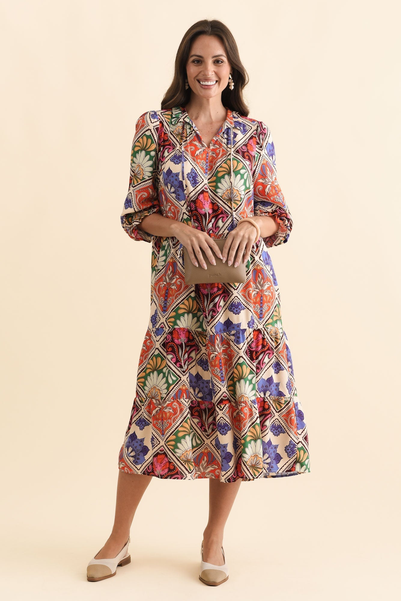 Lyon Orange Tile Sleeved Dress