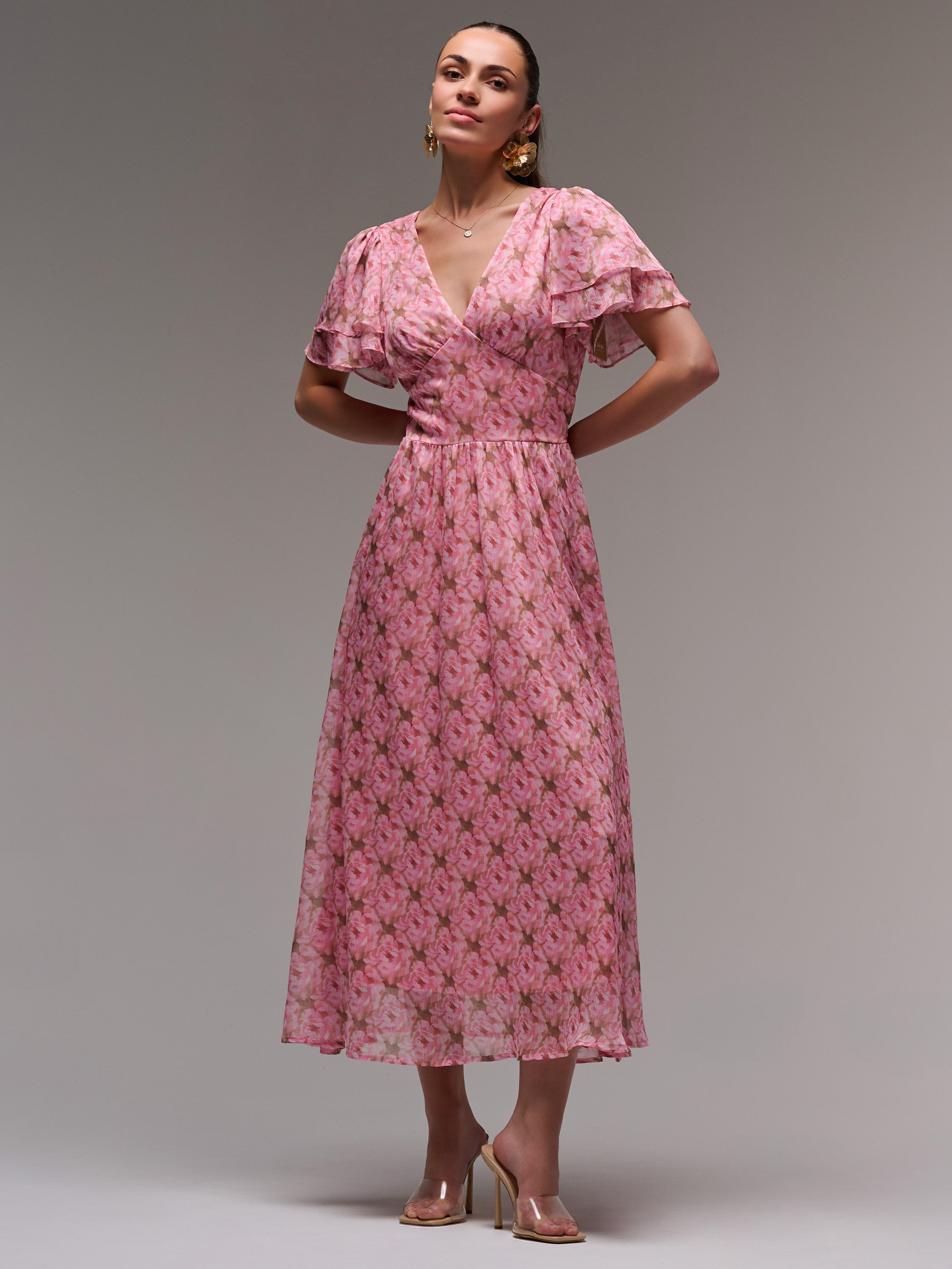 Layered Angel Sleeved Chiffon Maxi Dress Front View