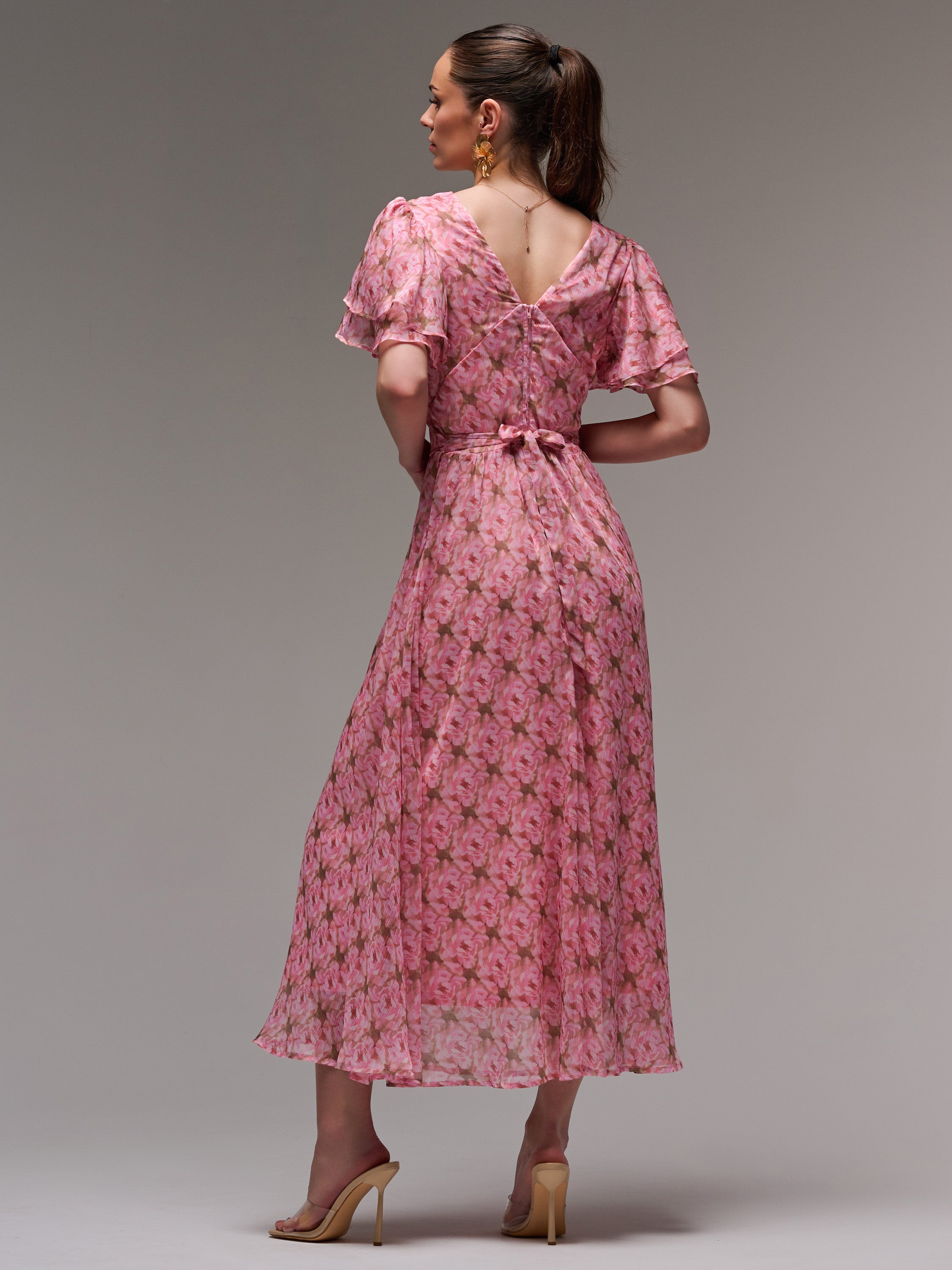 Layered Angel Sleeved Chiffon Maxi Dress Back View