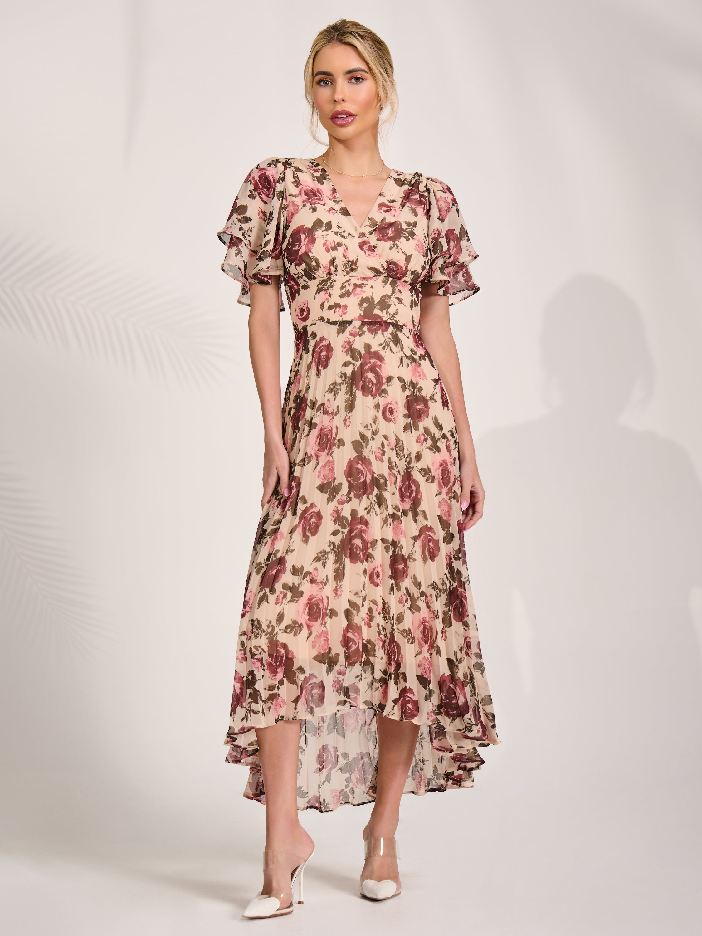 Angel Sleeve Pleated Chiffon Midaxi Dress cream floral Front View