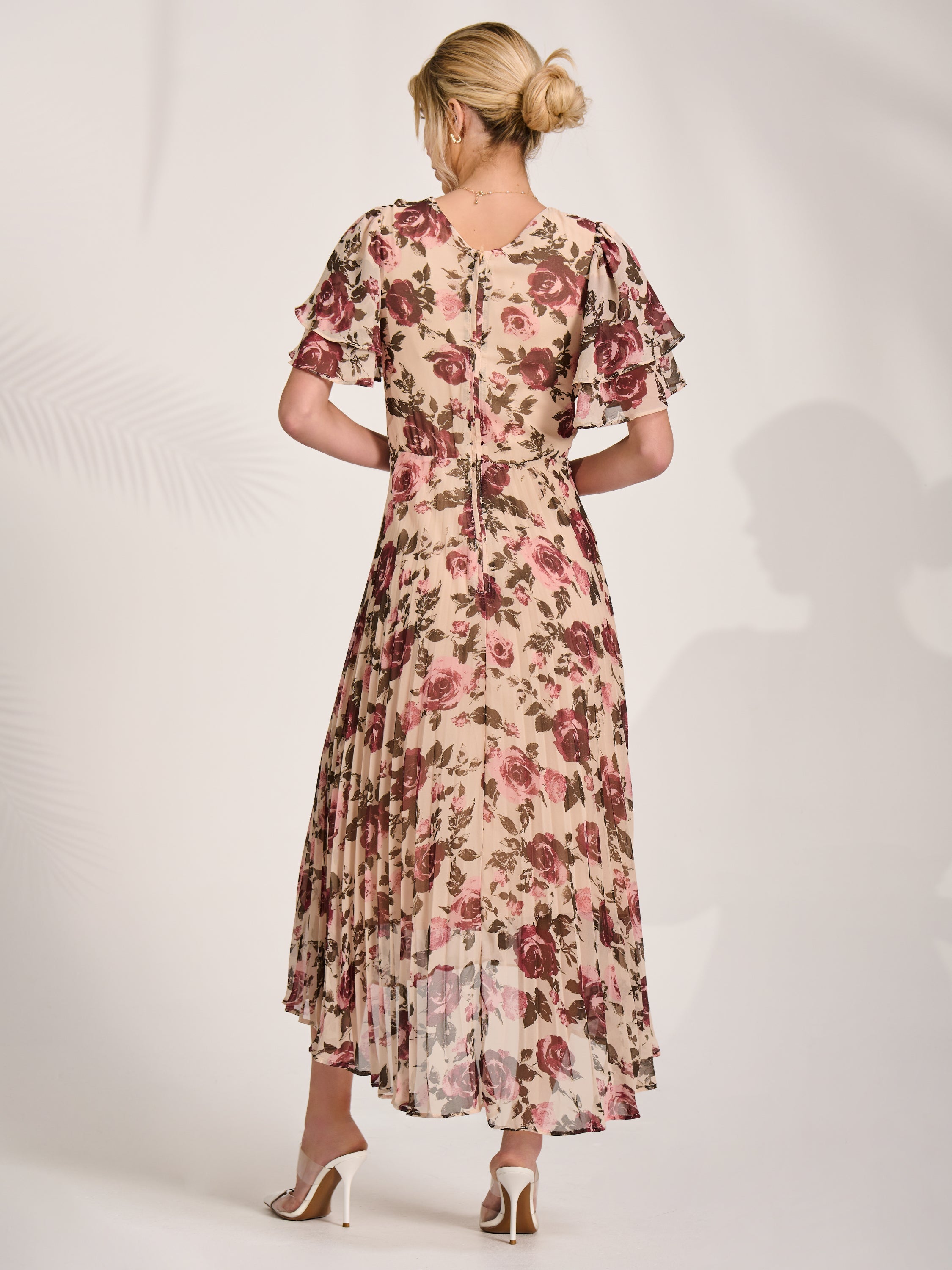 Angel Sleeve Pleated Chiffon Midaxi Dress cream floral Back View