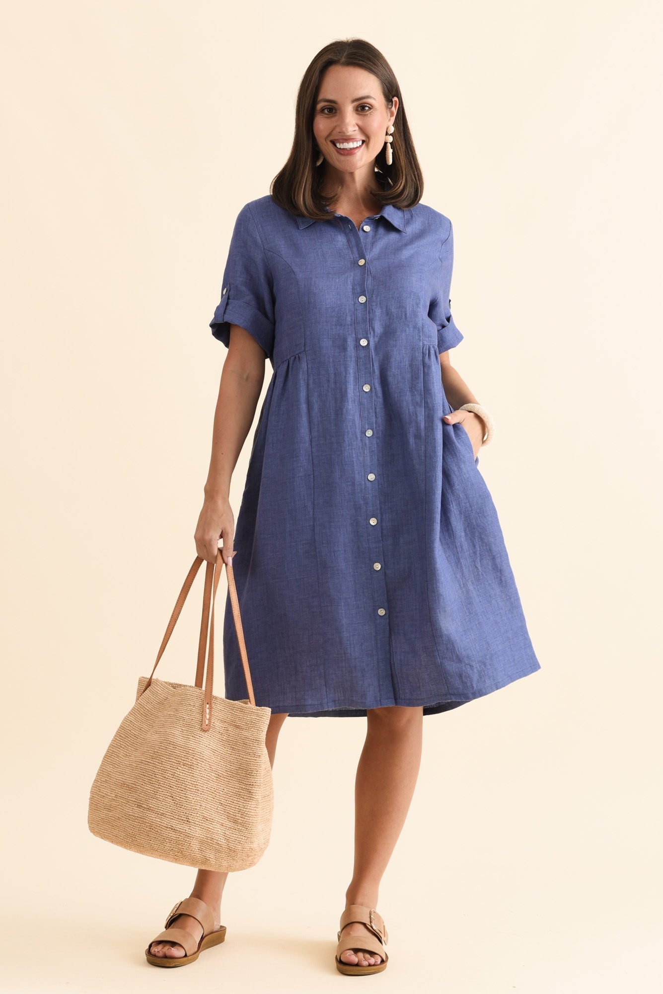 Katy Blue Linen Pocket Dress