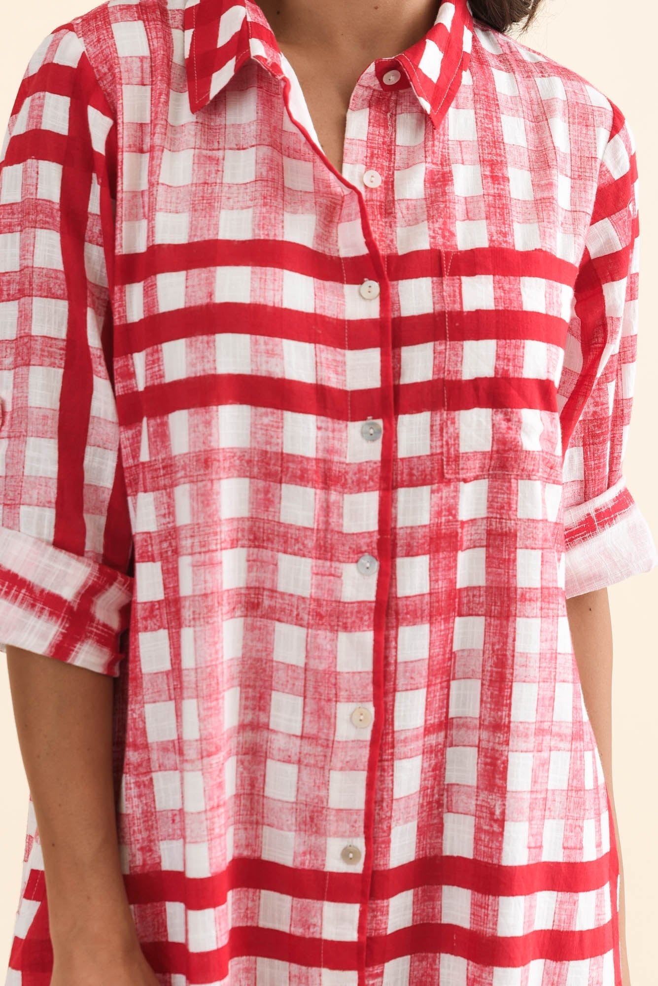Macaria Red Check Cotton Shirt Dress