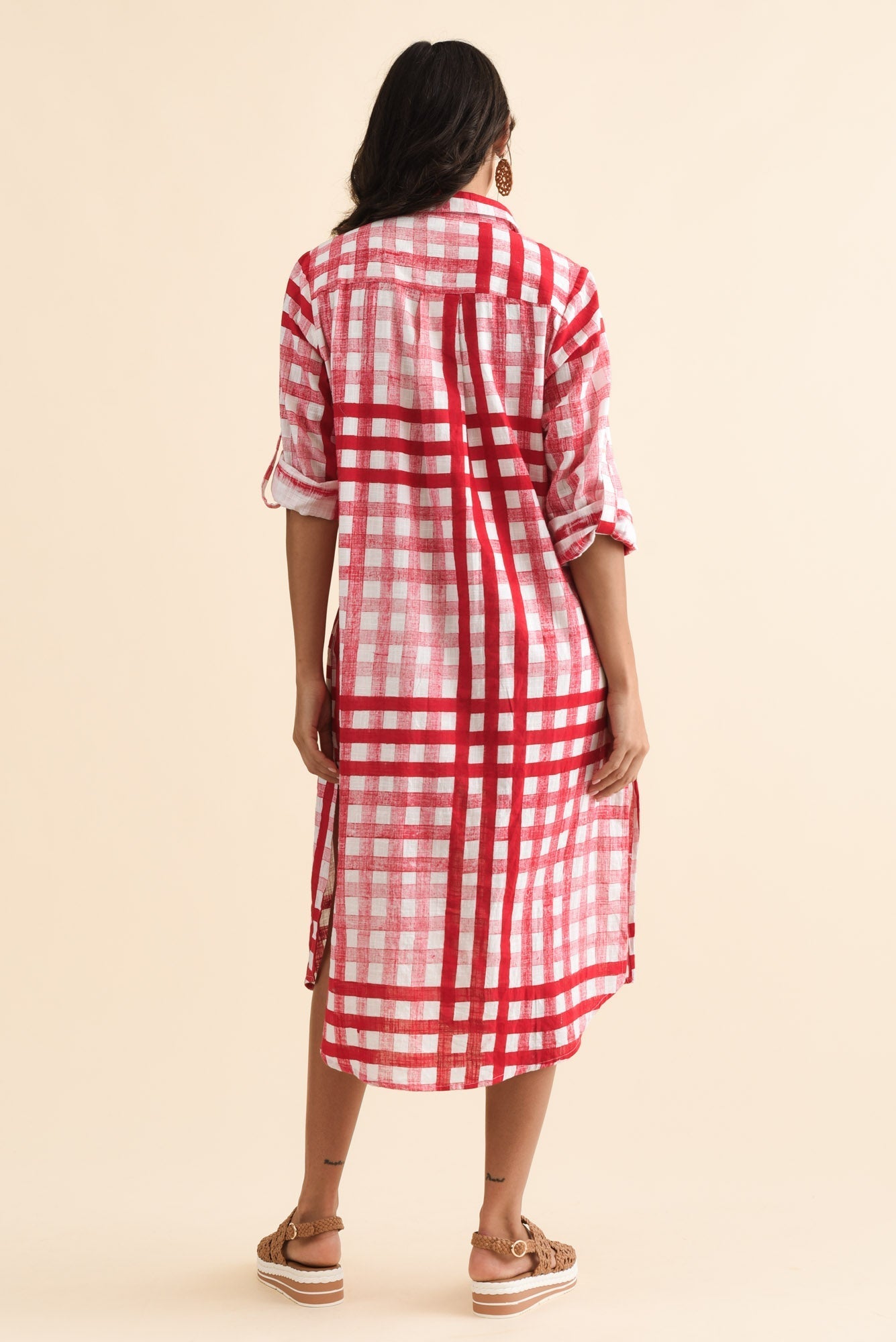 Macaria Red Check Cotton Shirt Dress