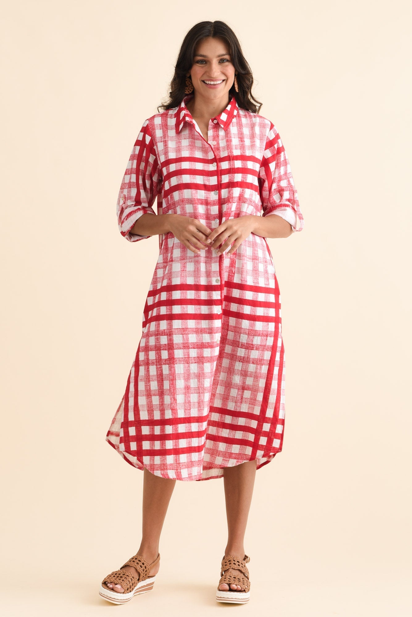 Macaria Red Check Cotton Shirt Dress