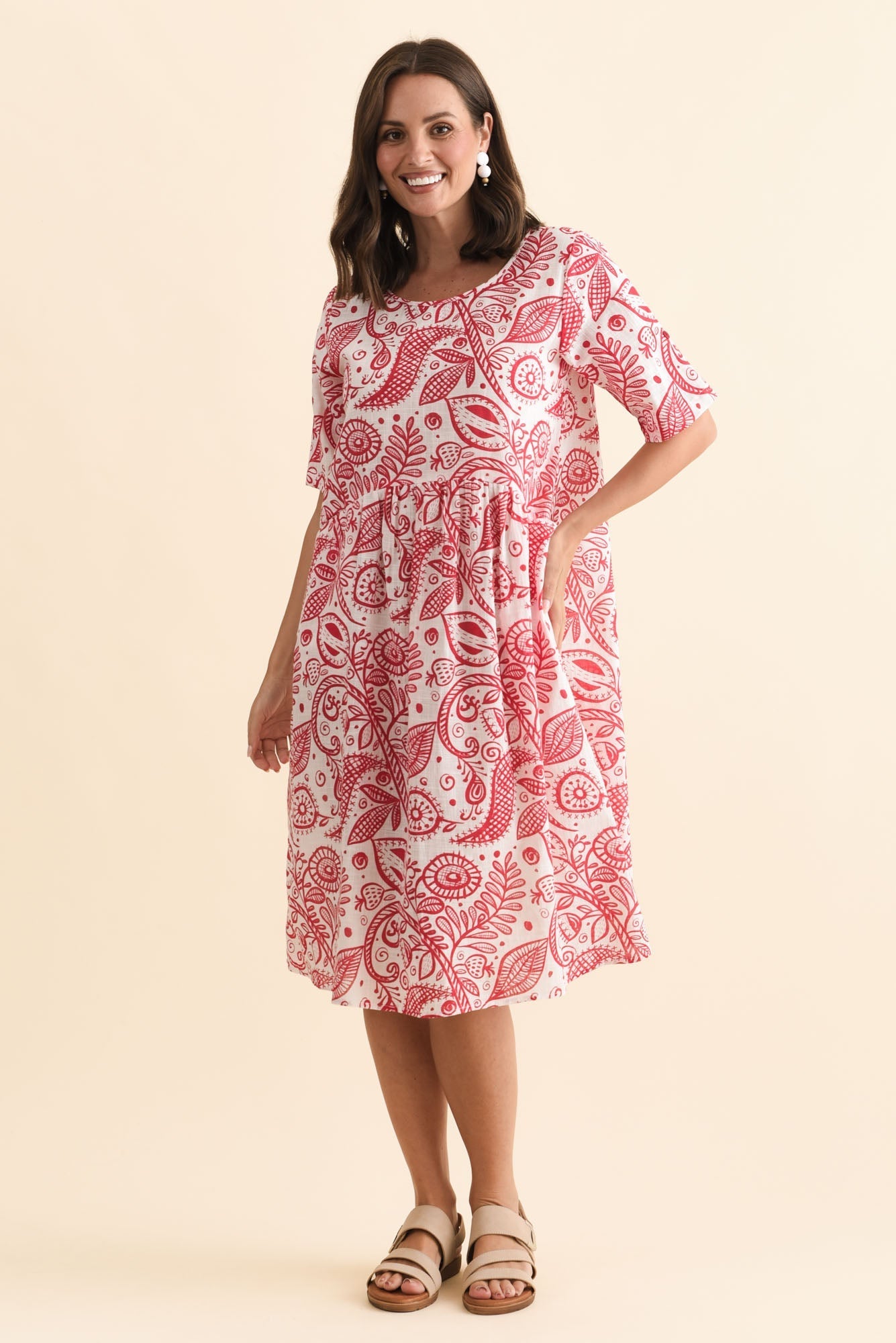 Mackie Red Abstract Cotton Pocket Dress