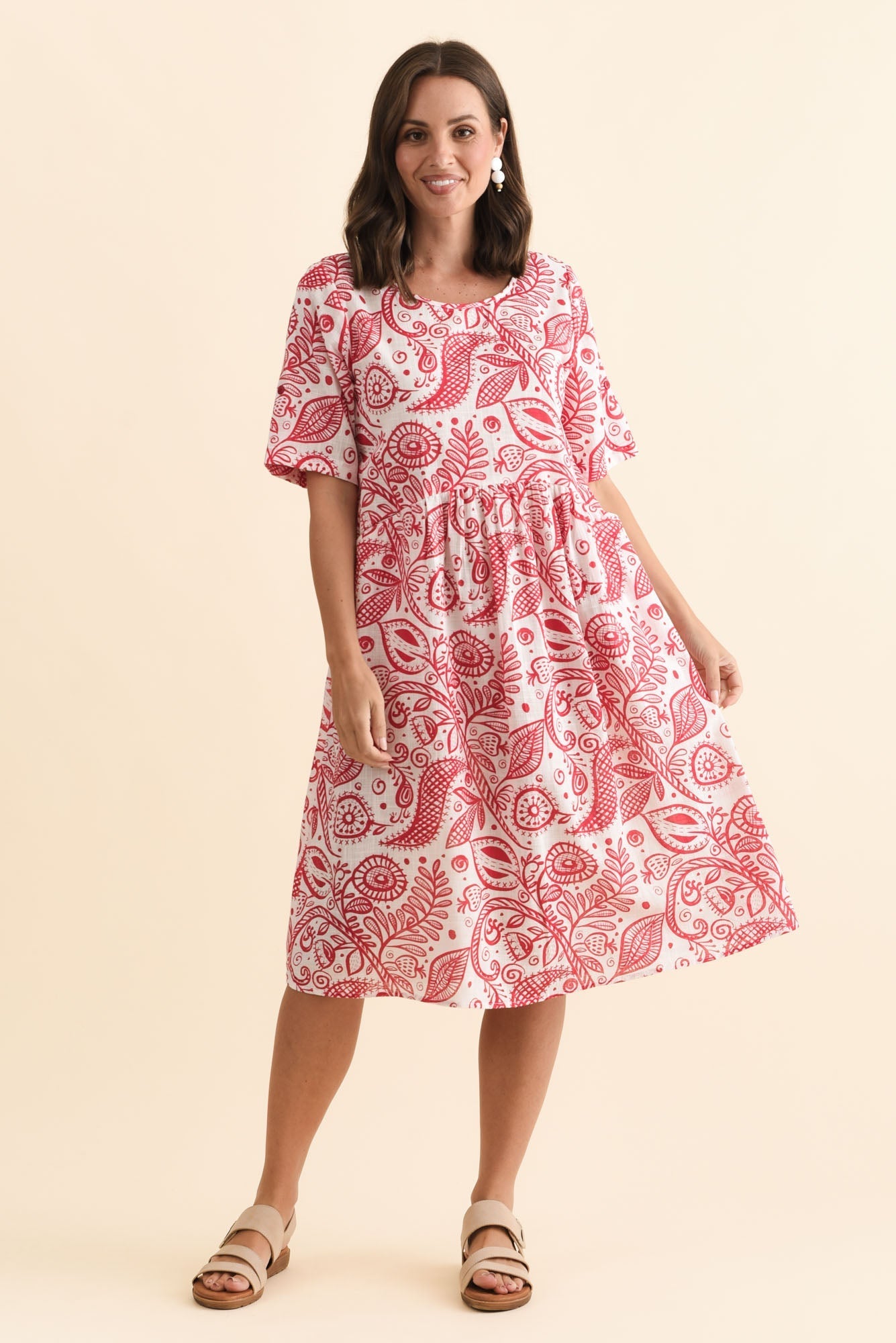 Mackie Red Abstract Cotton Pocket Dress