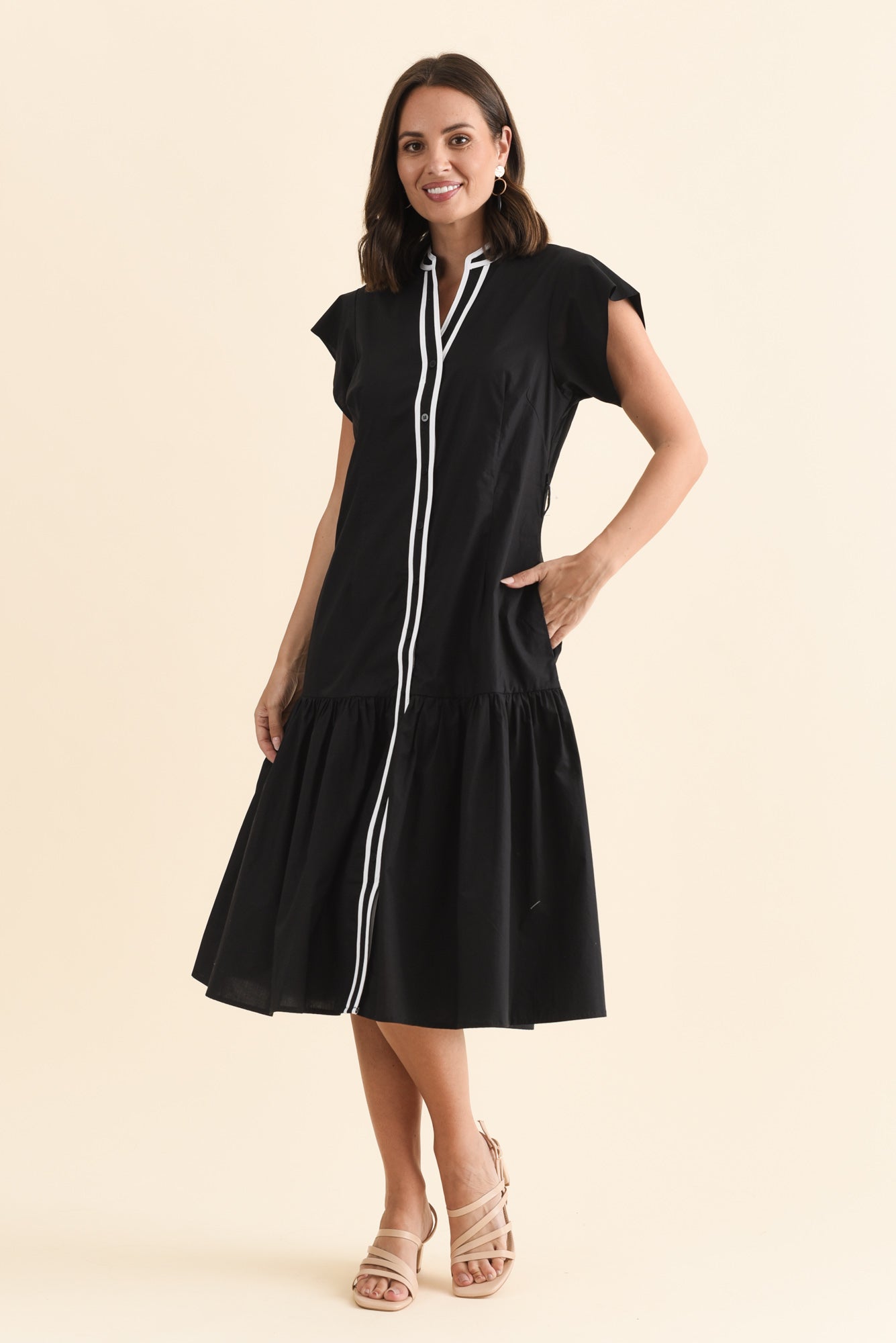 Mari Black Contrast Cotton Tie Dress