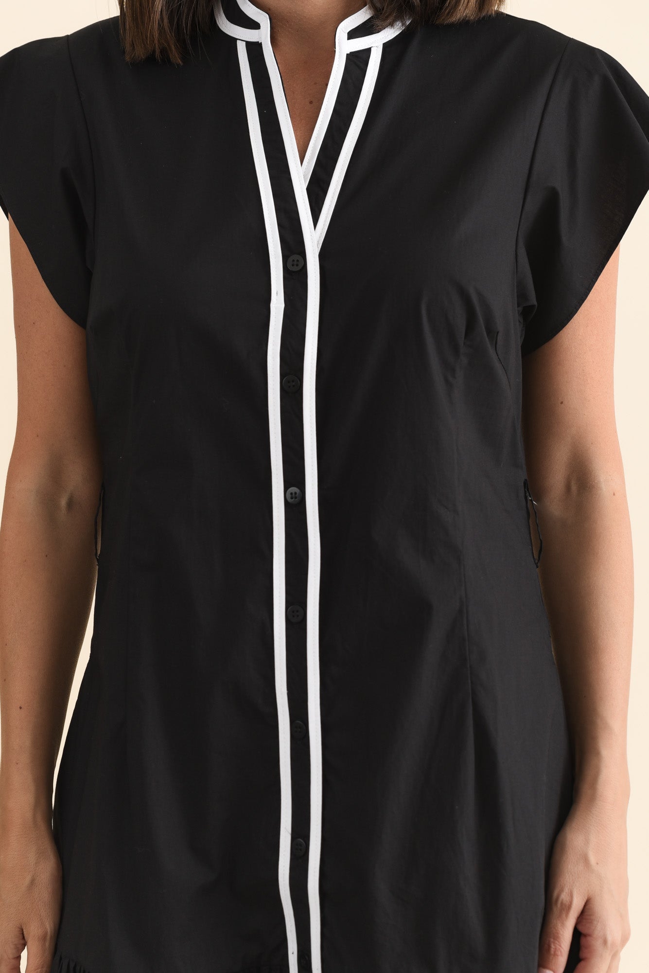 Mari Black Contrast Cotton Tie Dress