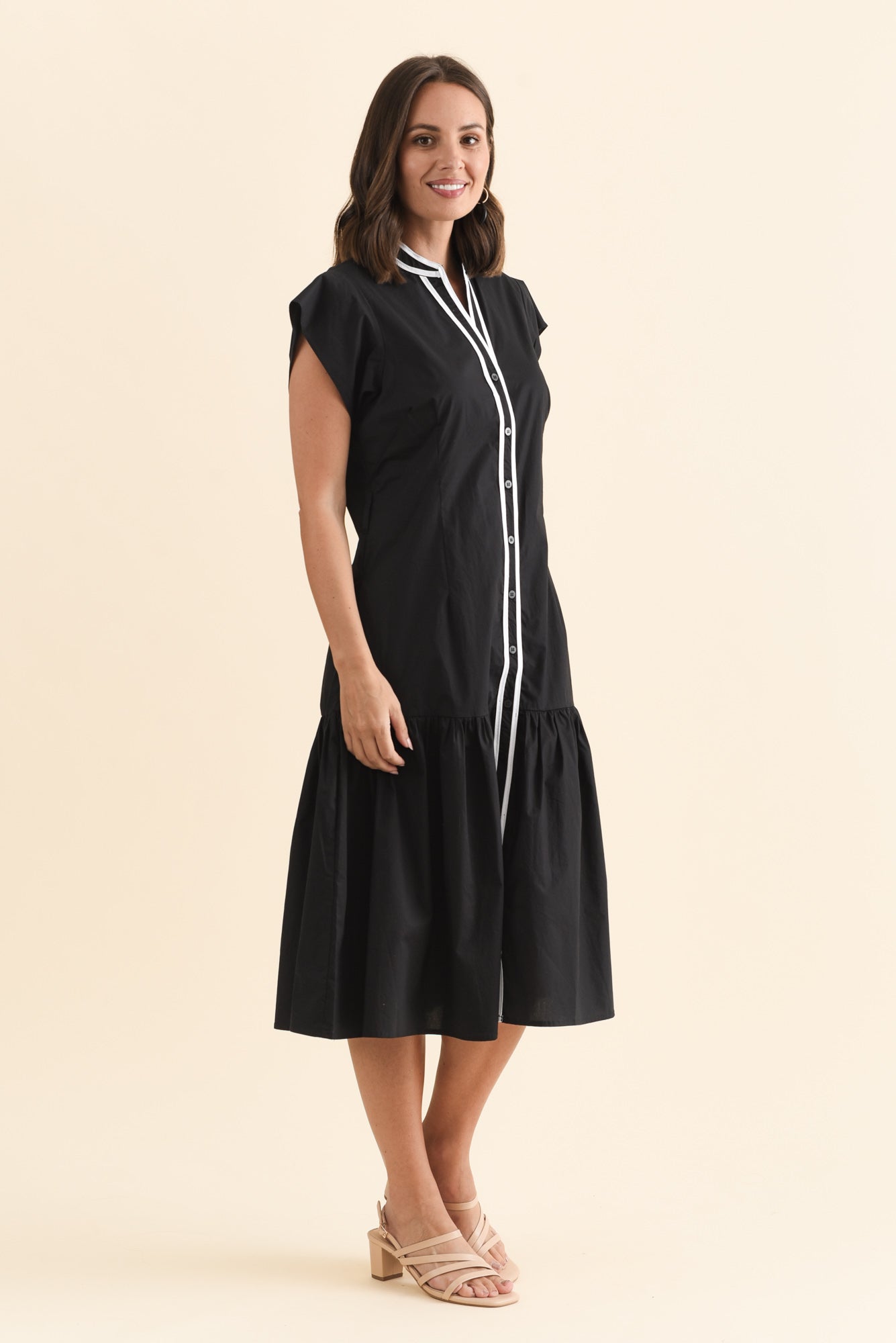 Mari Black Contrast Cotton Tie Dress