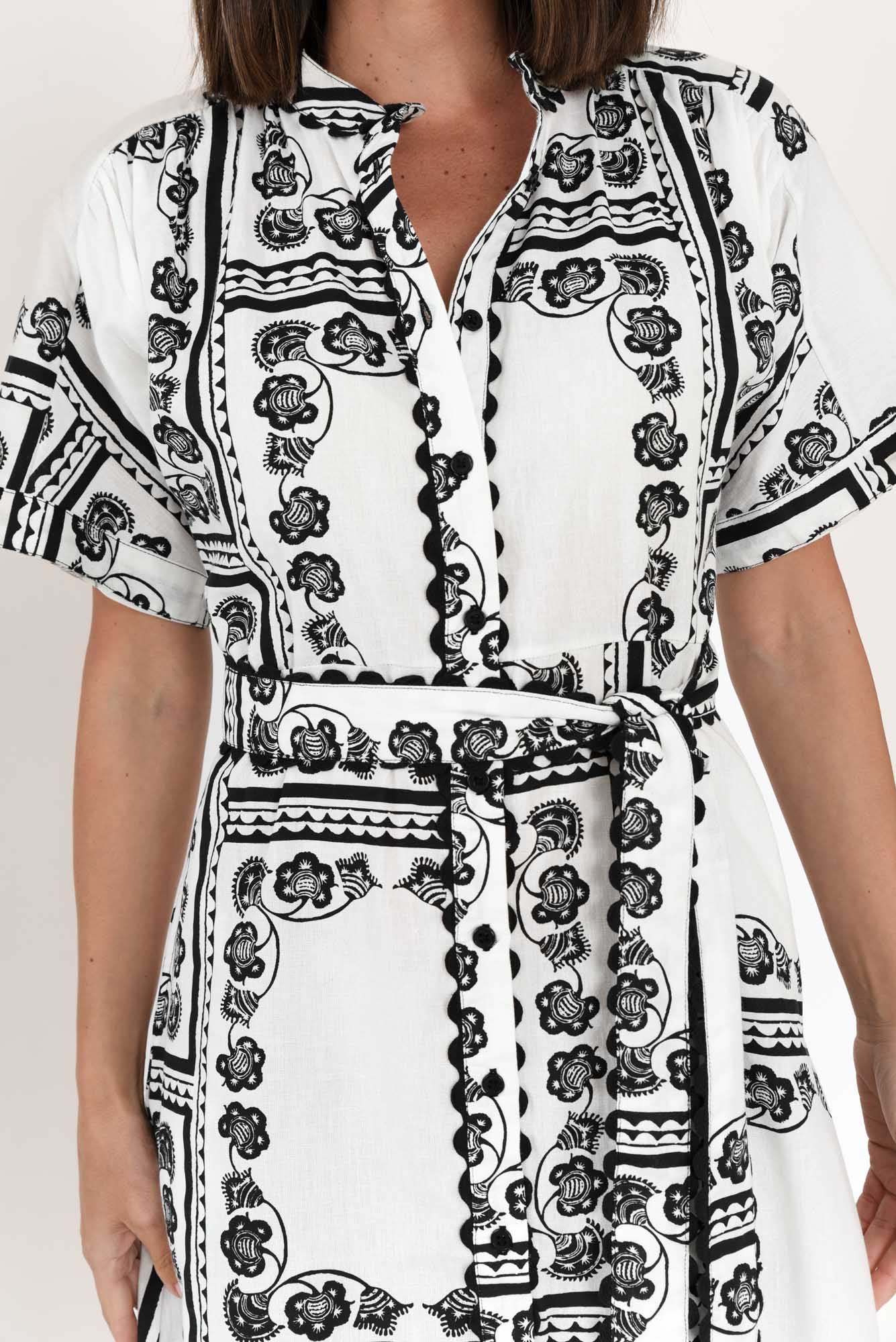 Marilyn White Tile Cotton Tie Dress