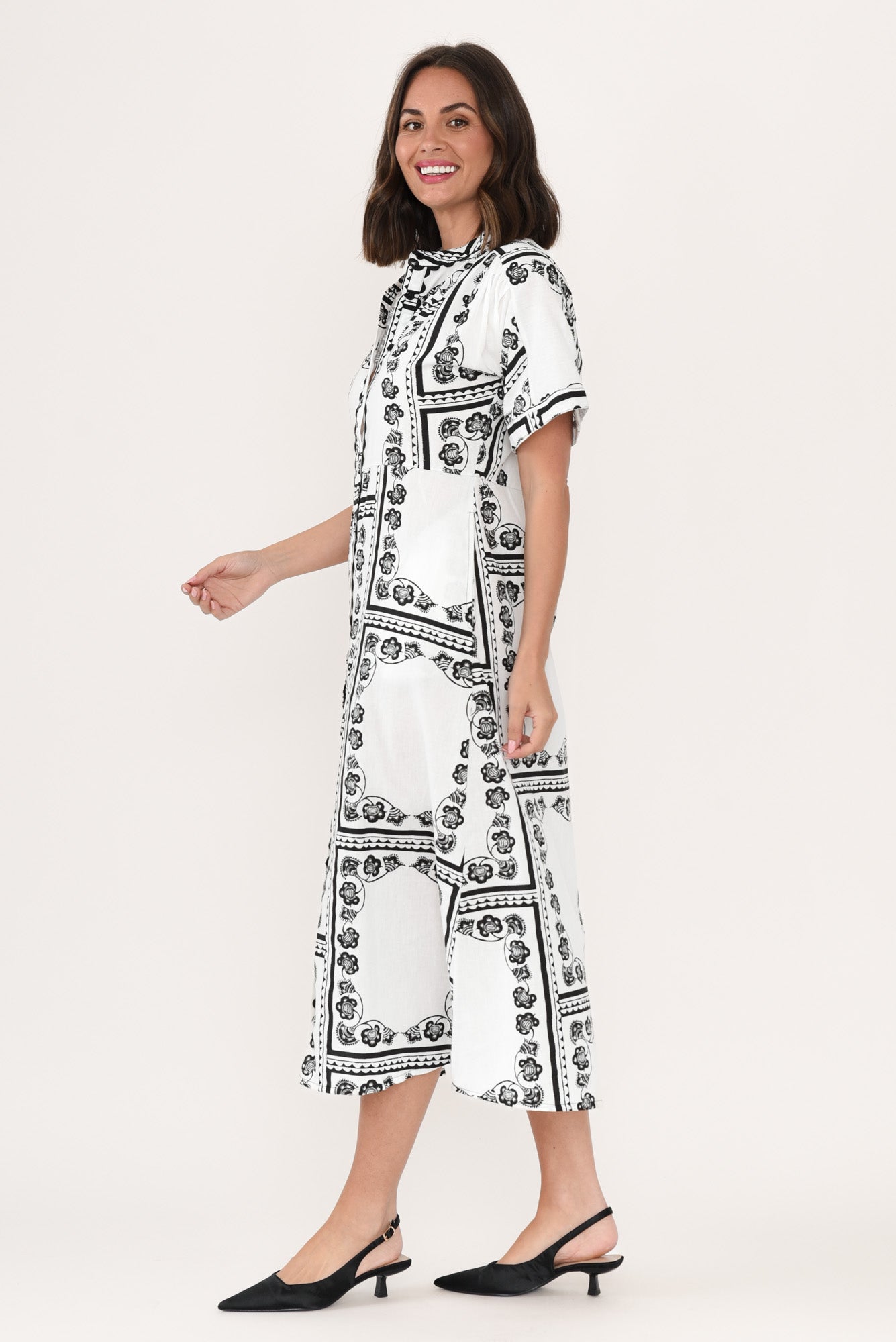Marilyn White Tile Cotton Tie Dress