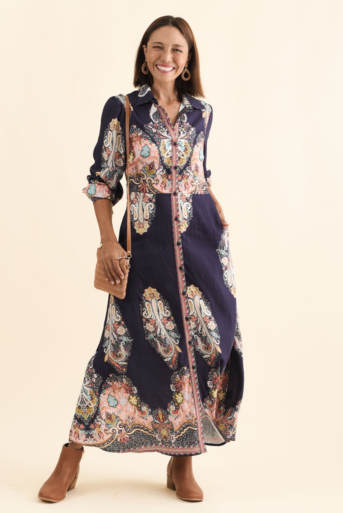 Marina Navy Mosaic Linen Cotton Dress