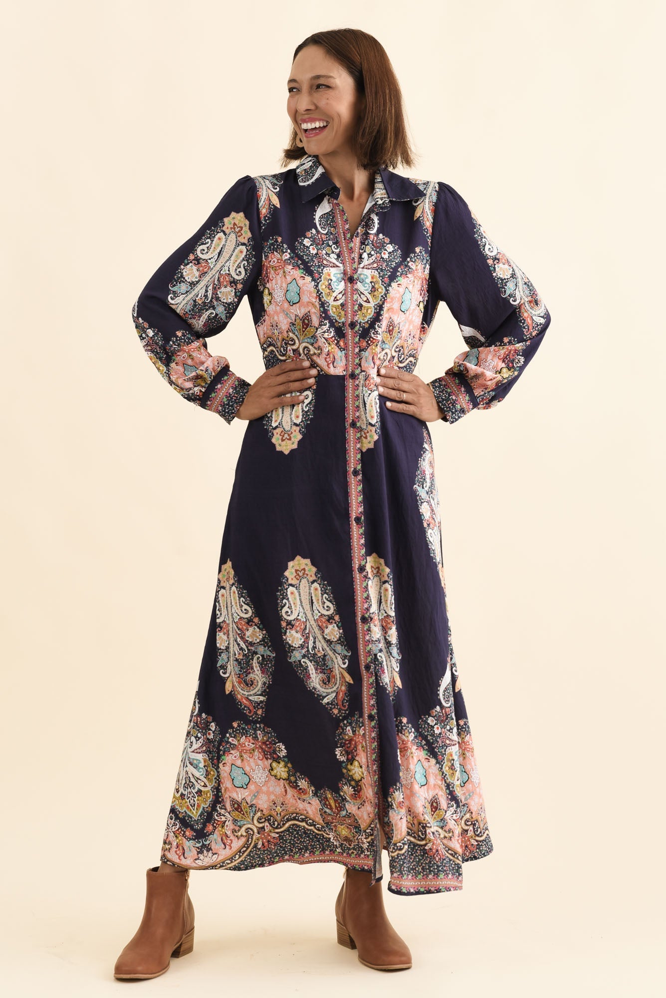 Marina Navy Mosaic Linen Cotton Dress