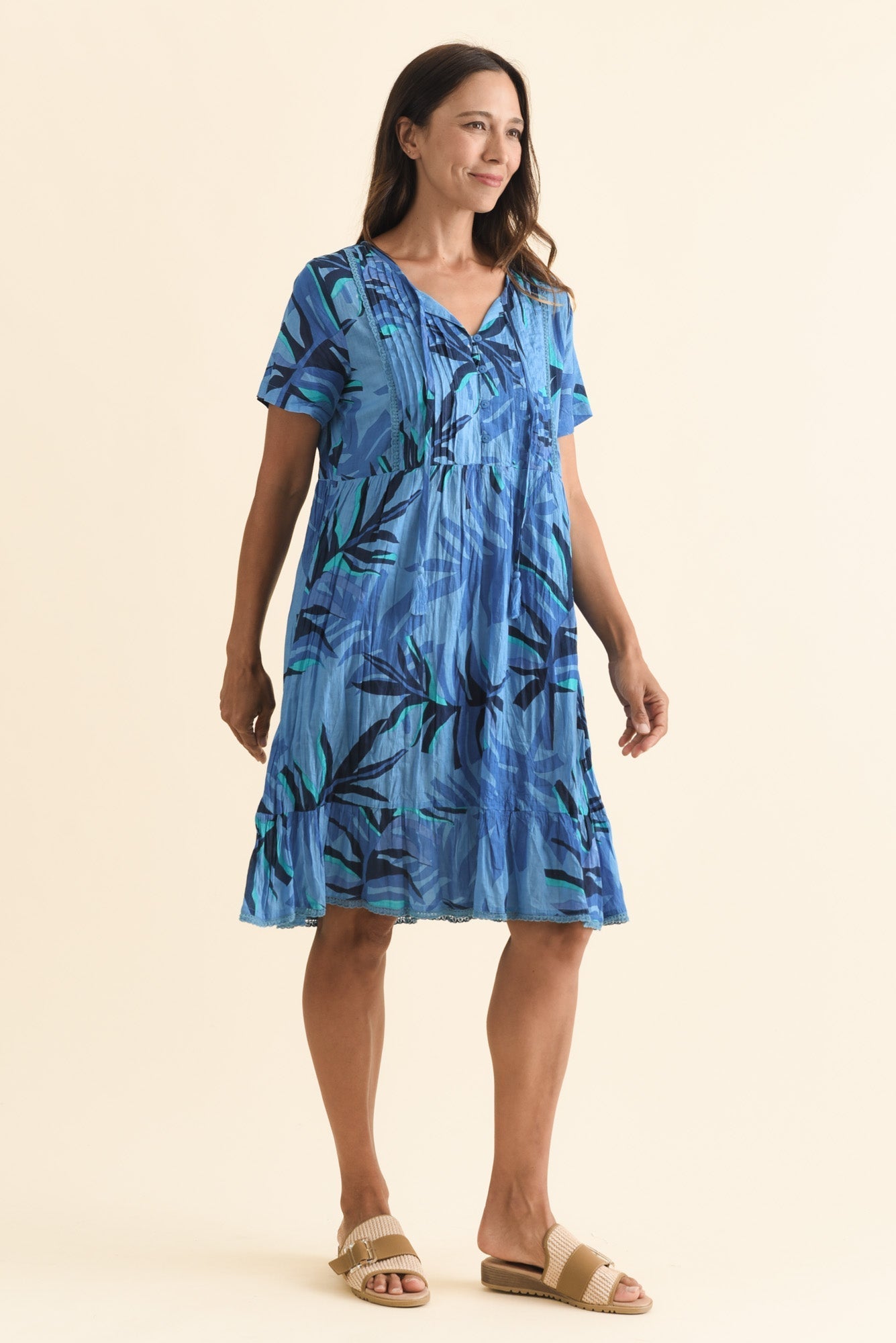 Marisol Blue Leaf Crinkle Cotton Dress
