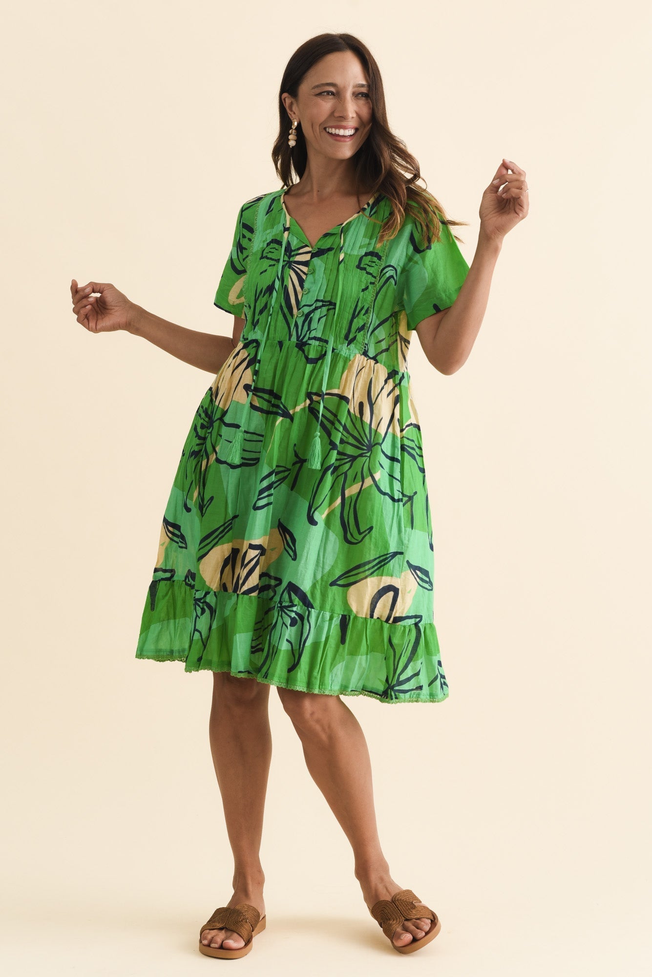 Marisol Green Lily Crinkle Cotton Dress