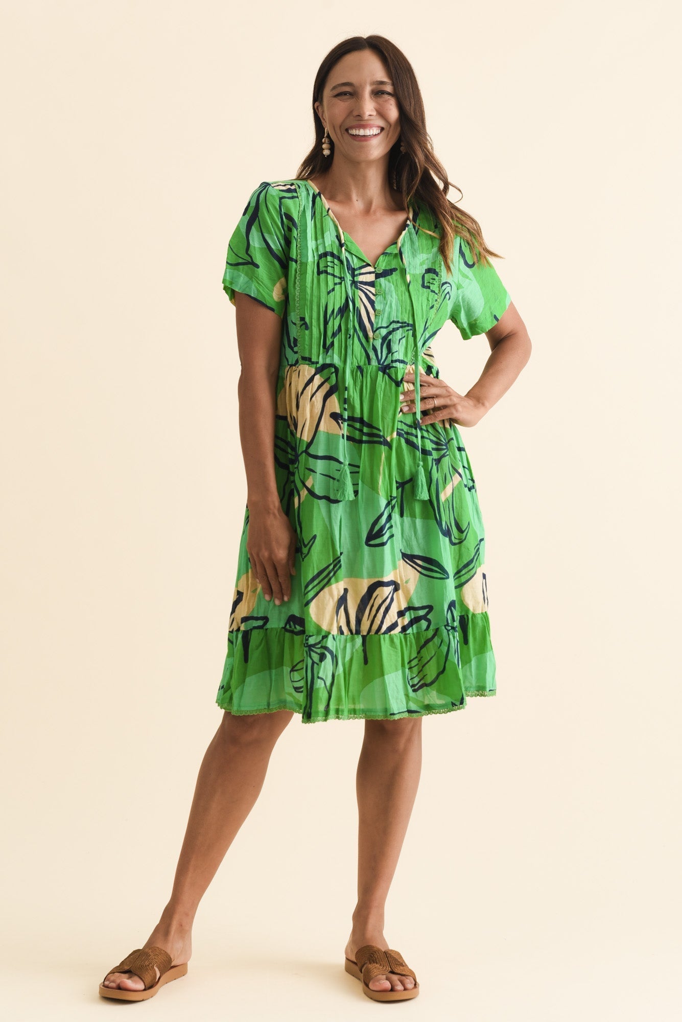 Marisol Green Lily Crinkle Cotton Dress