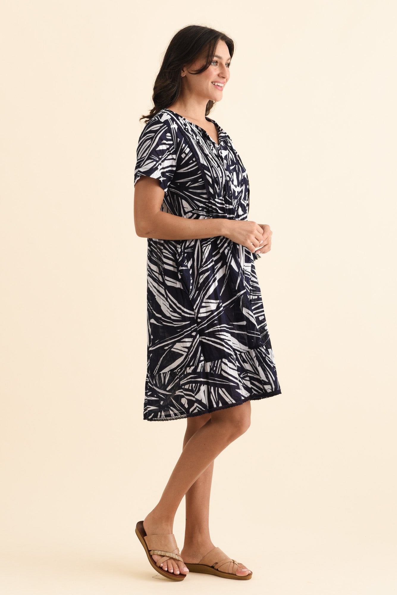 Marisol Navy Foliage Crinkle Cotton Dress