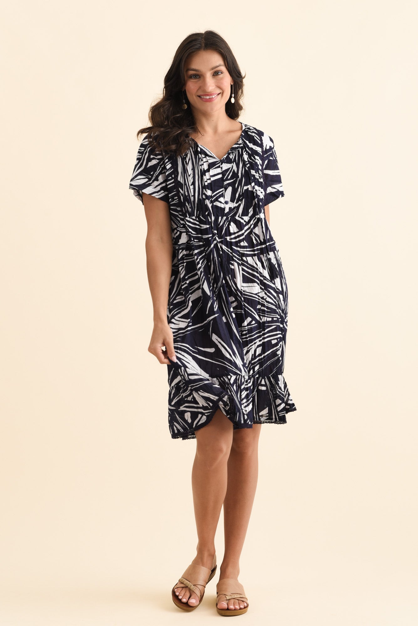 Marisol Navy Foliage Crinkle Cotton Dress
