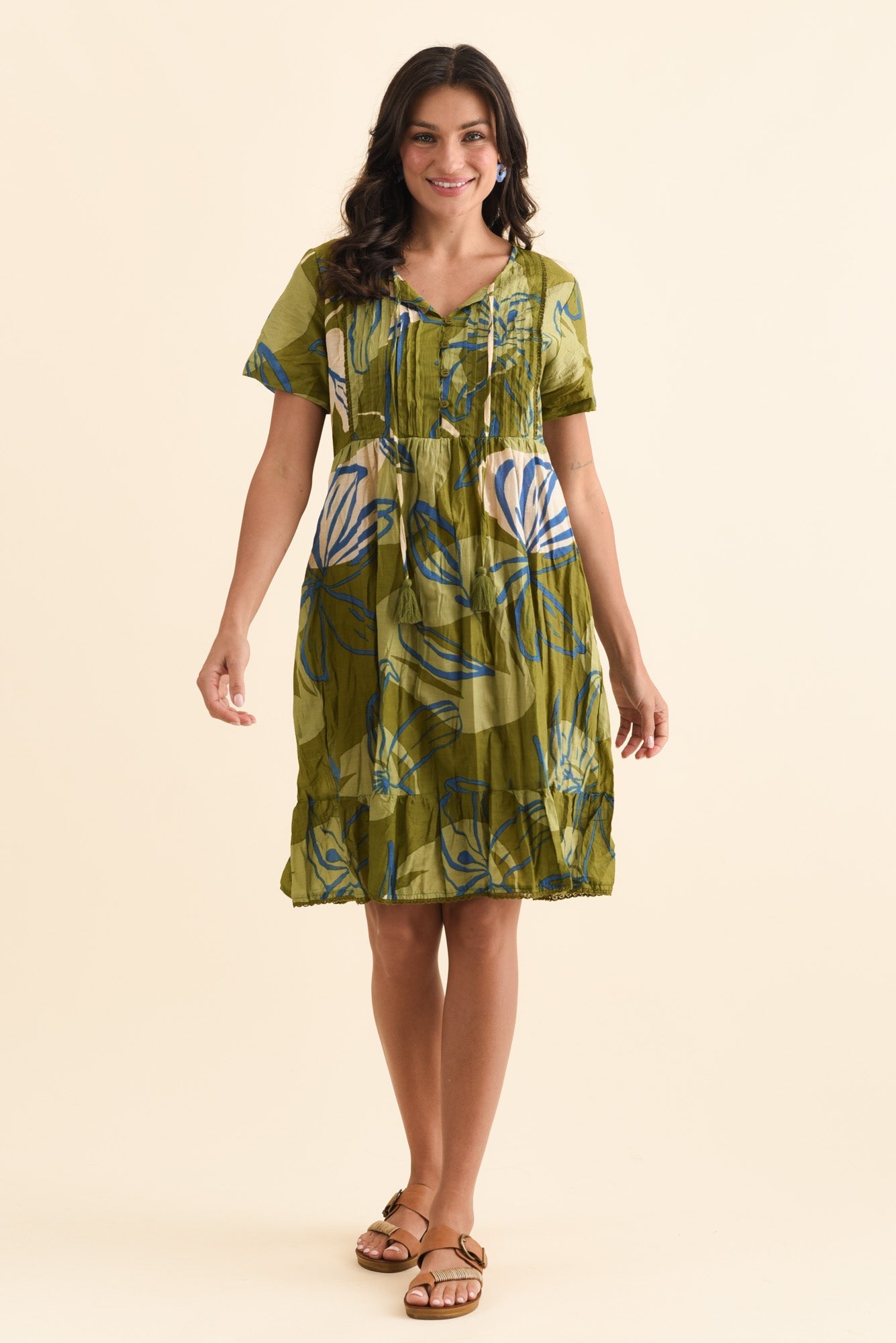 Marisol Olive Tiger Lily Crinkle Cotton Dress
