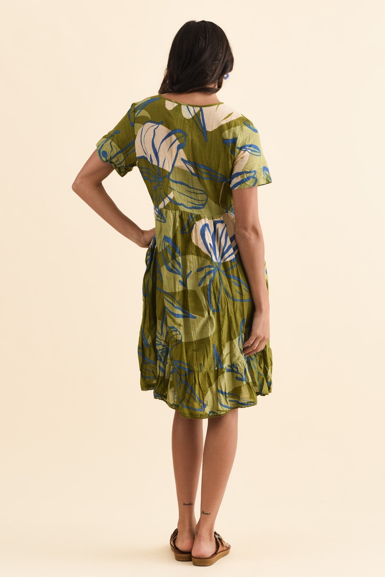 Marisol Olive Tiger Lily Crinkle Cotton Dress