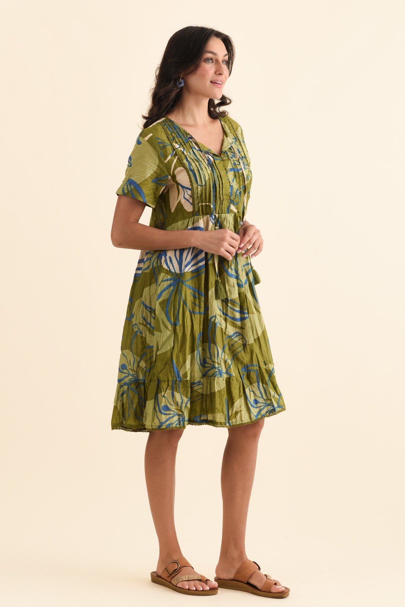 Marisol Olive Tiger Lily Crinkle Cotton Dress