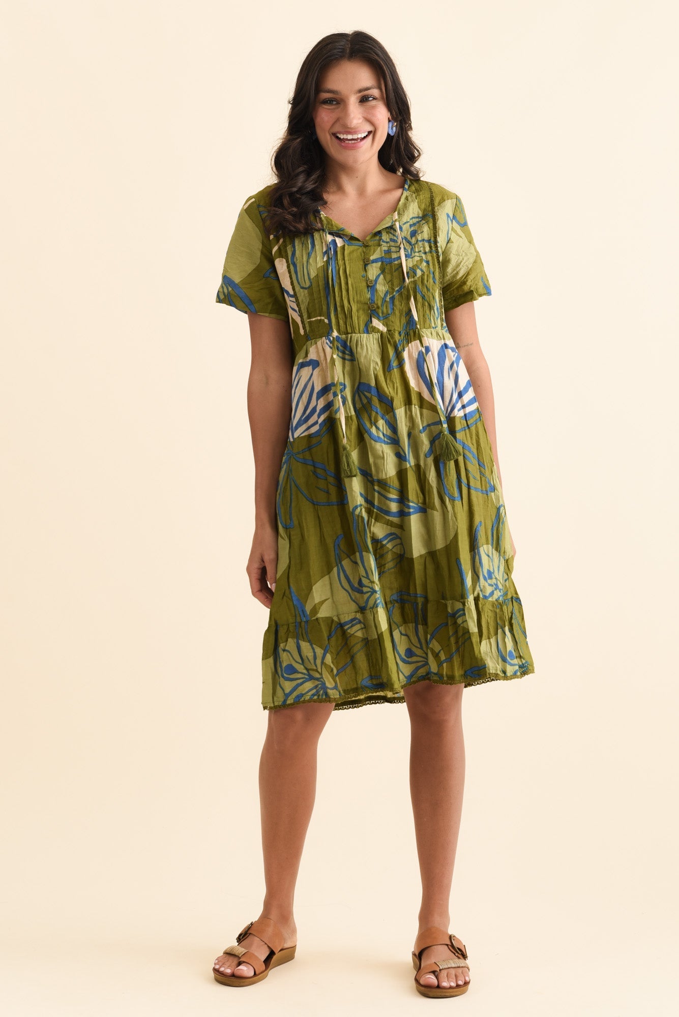 Marisol Olive Tiger Lily Crinkle Cotton Dress
