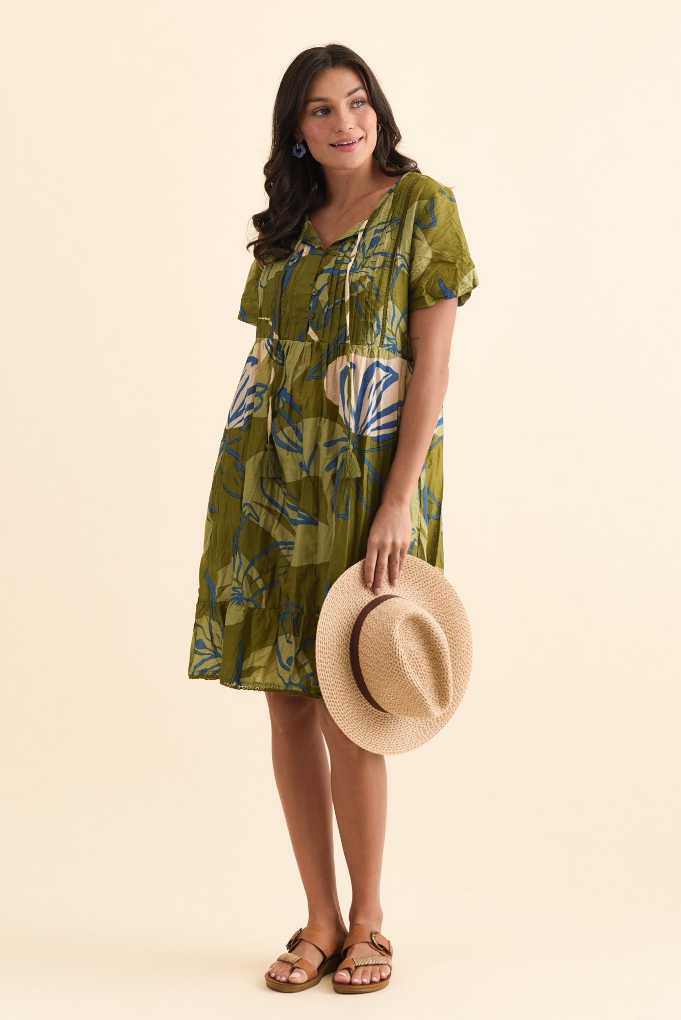 Marisol Olive Tiger Lily Crinkle Cotton Dress