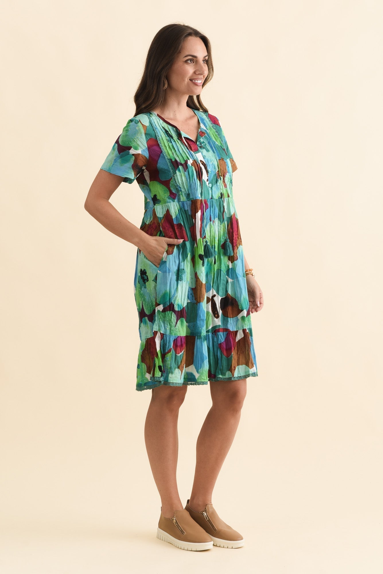 Marisol Teal Flower Crinkle Cotton Dress