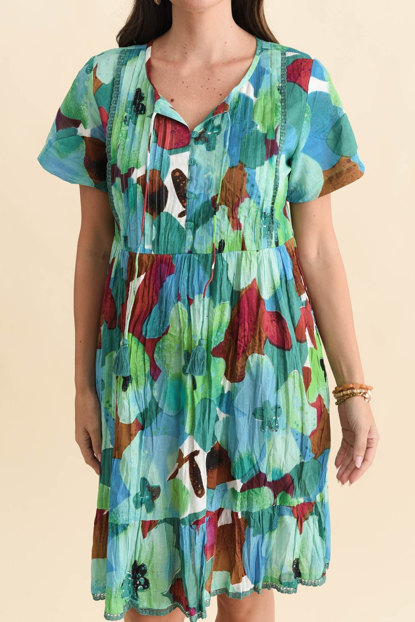 Marisol Teal Flower Crinkle Cotton Dress