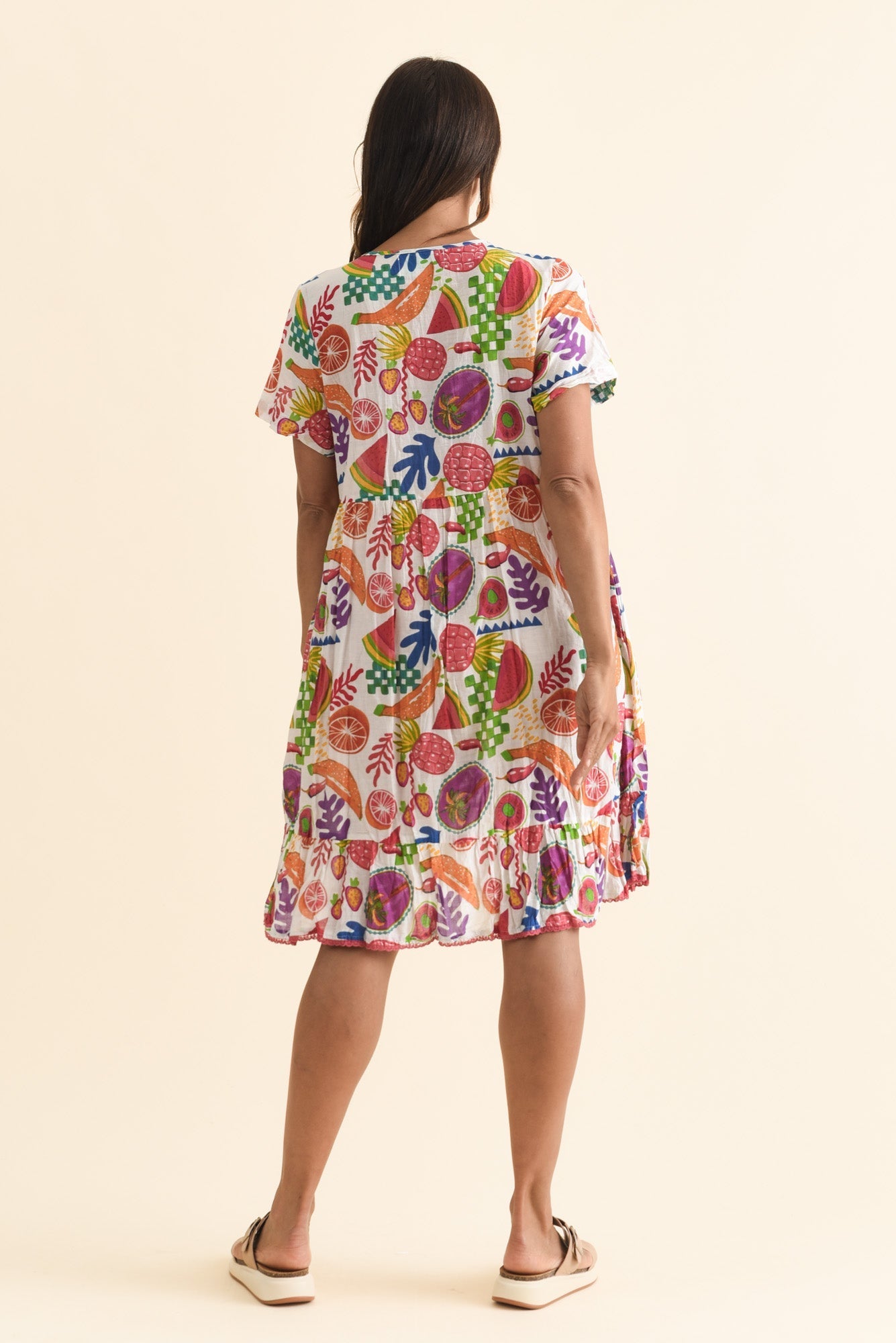 Marisol White Fruity Crinkle Cotton Dress