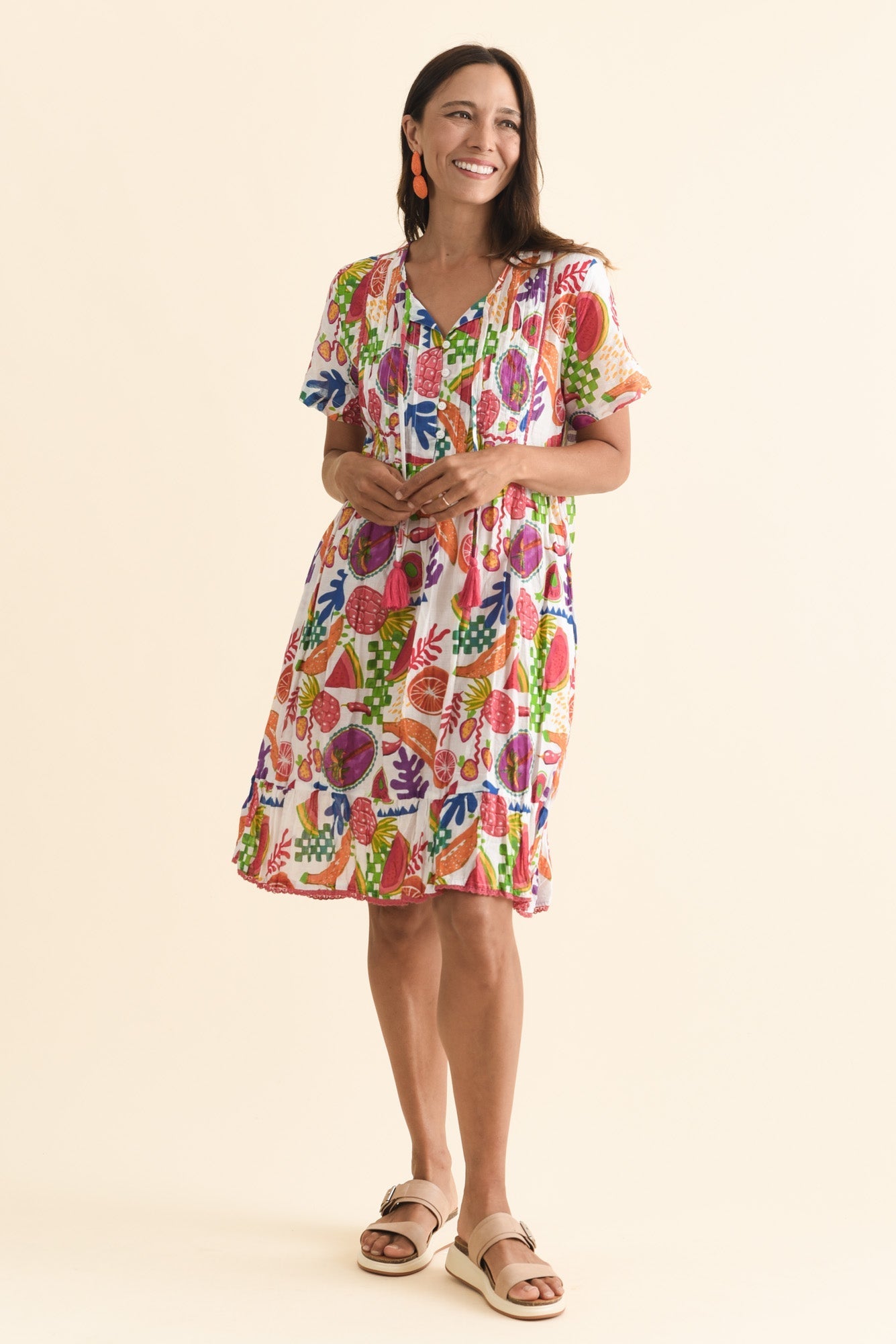 Marisol White Fruity Crinkle Cotton Dress