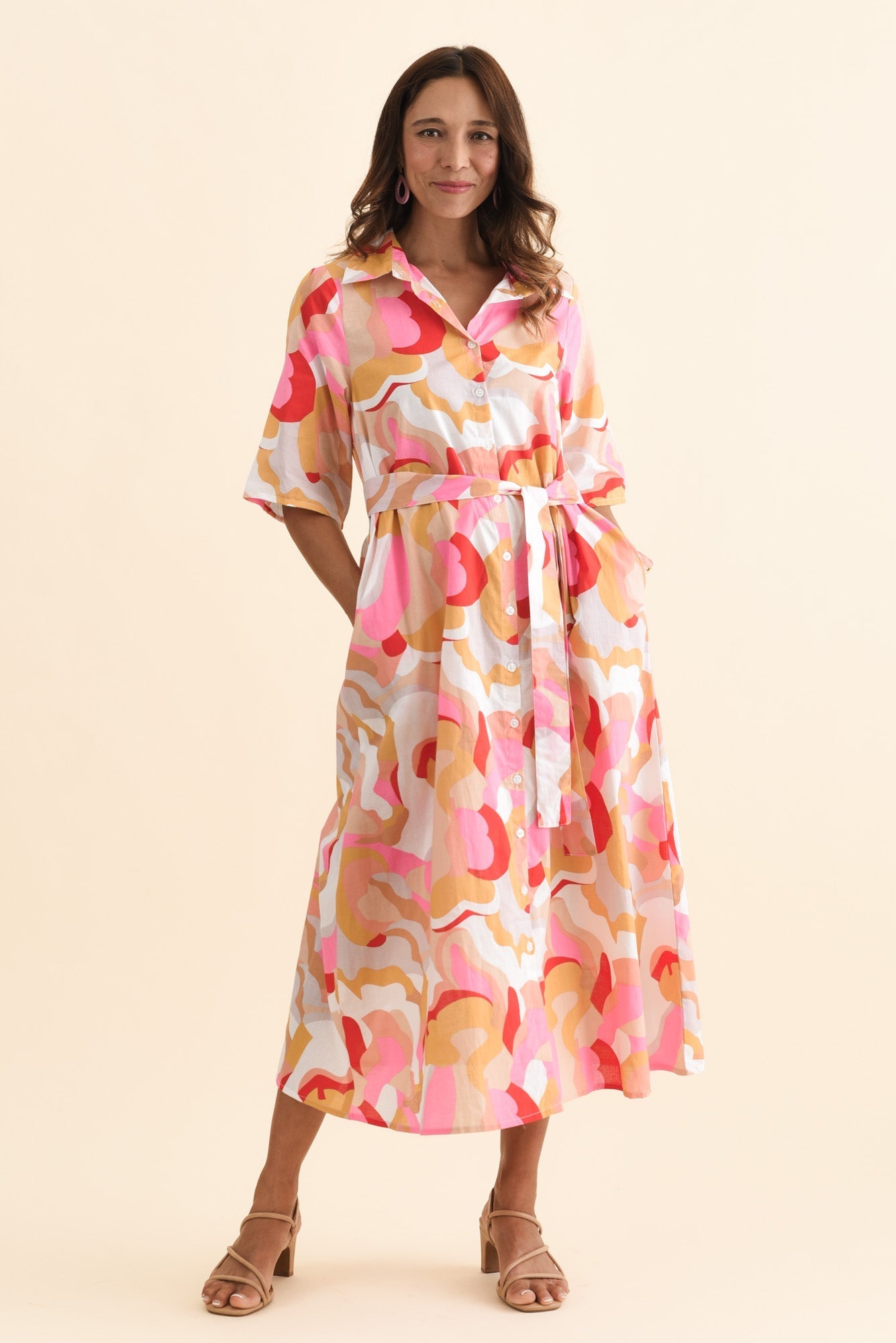 Meda Beige Floral Cotton Tie Dress