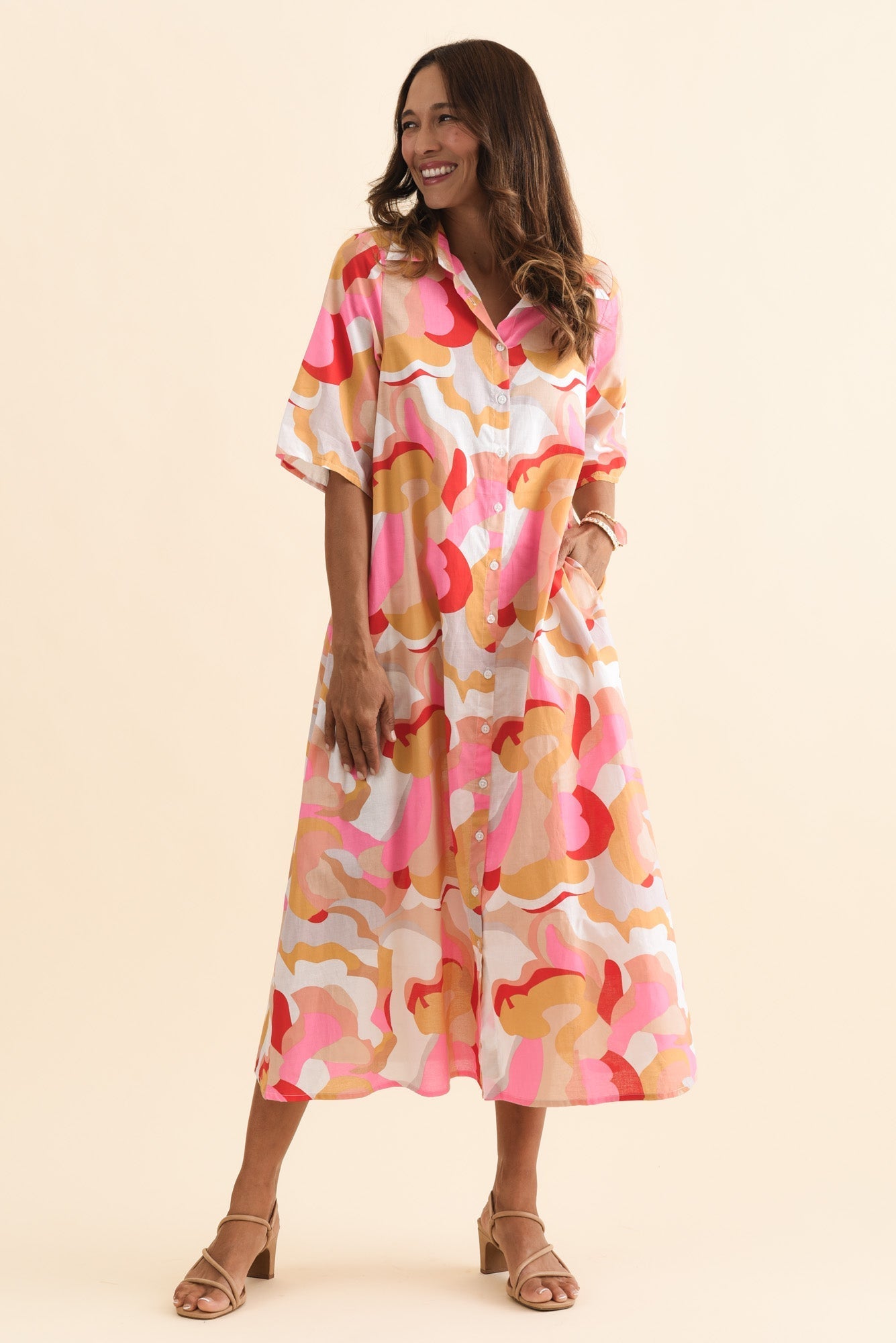 Meda Beige Floral Cotton Tie Dress