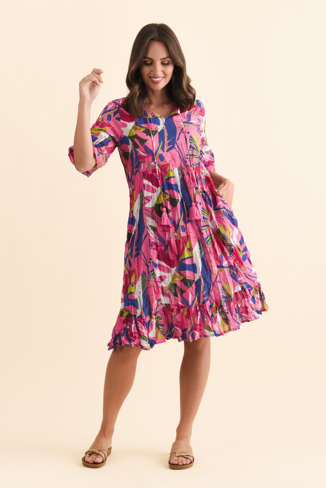 Mila Fuchsia Leaf Crinkle Cotton Dress