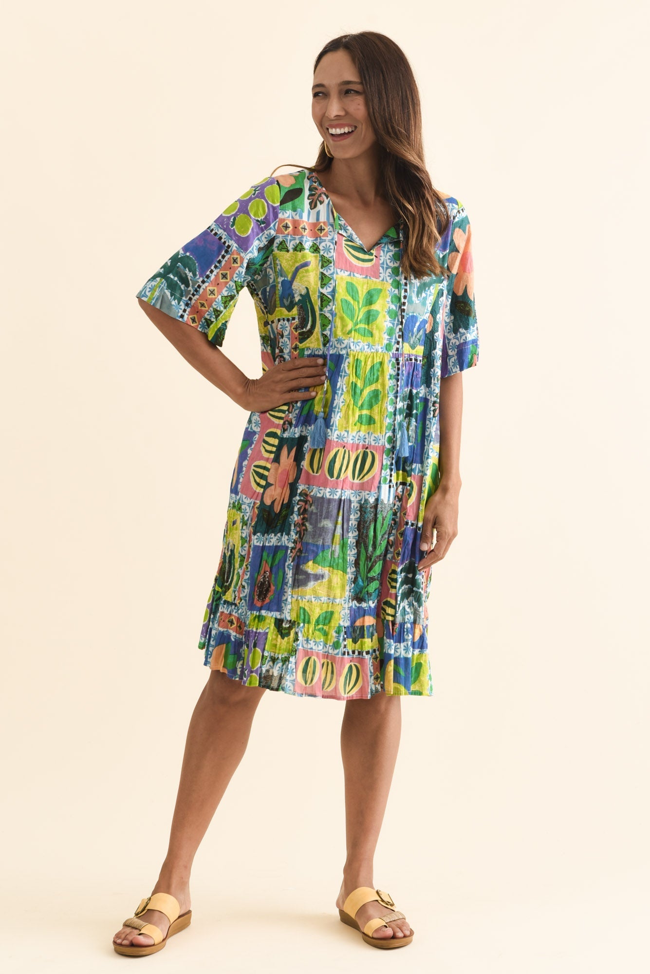 Mila Green Tile Crinkle Cotton Dress