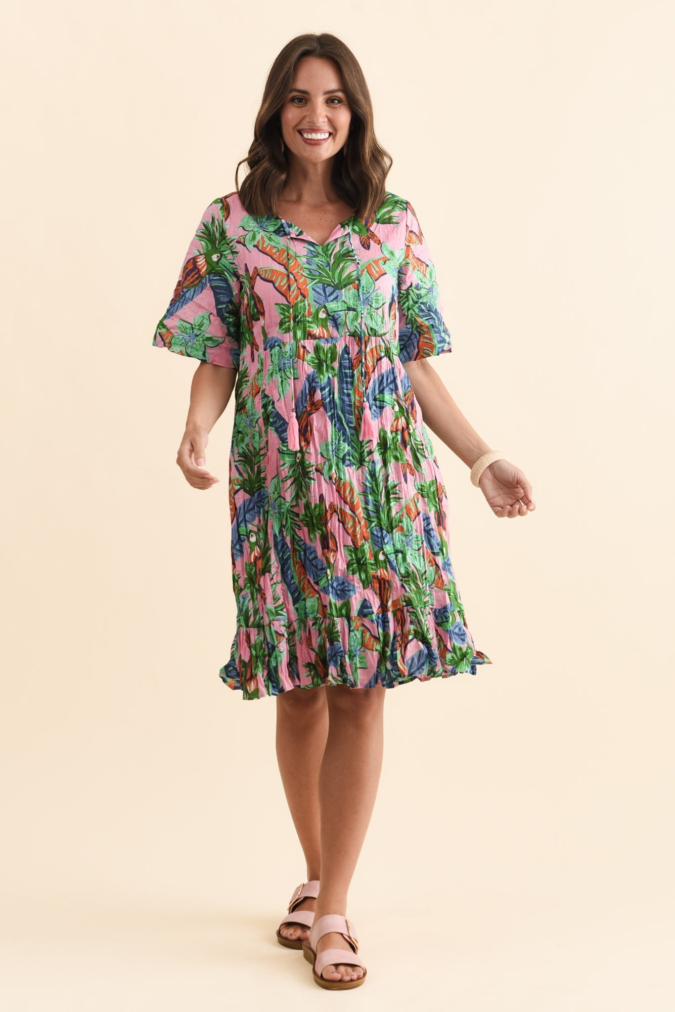 Mila Pink Jungle Crinkle Cotton Dress