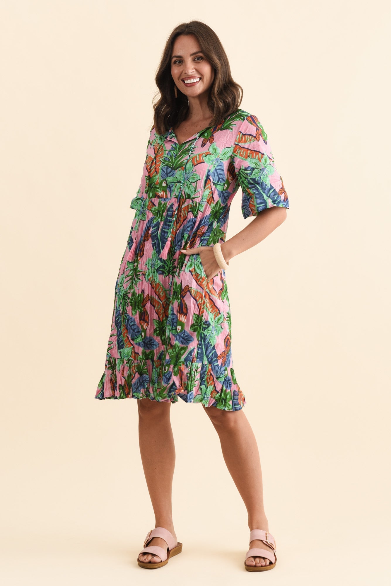 Mila Pink Jungle Crinkle Cotton Dress