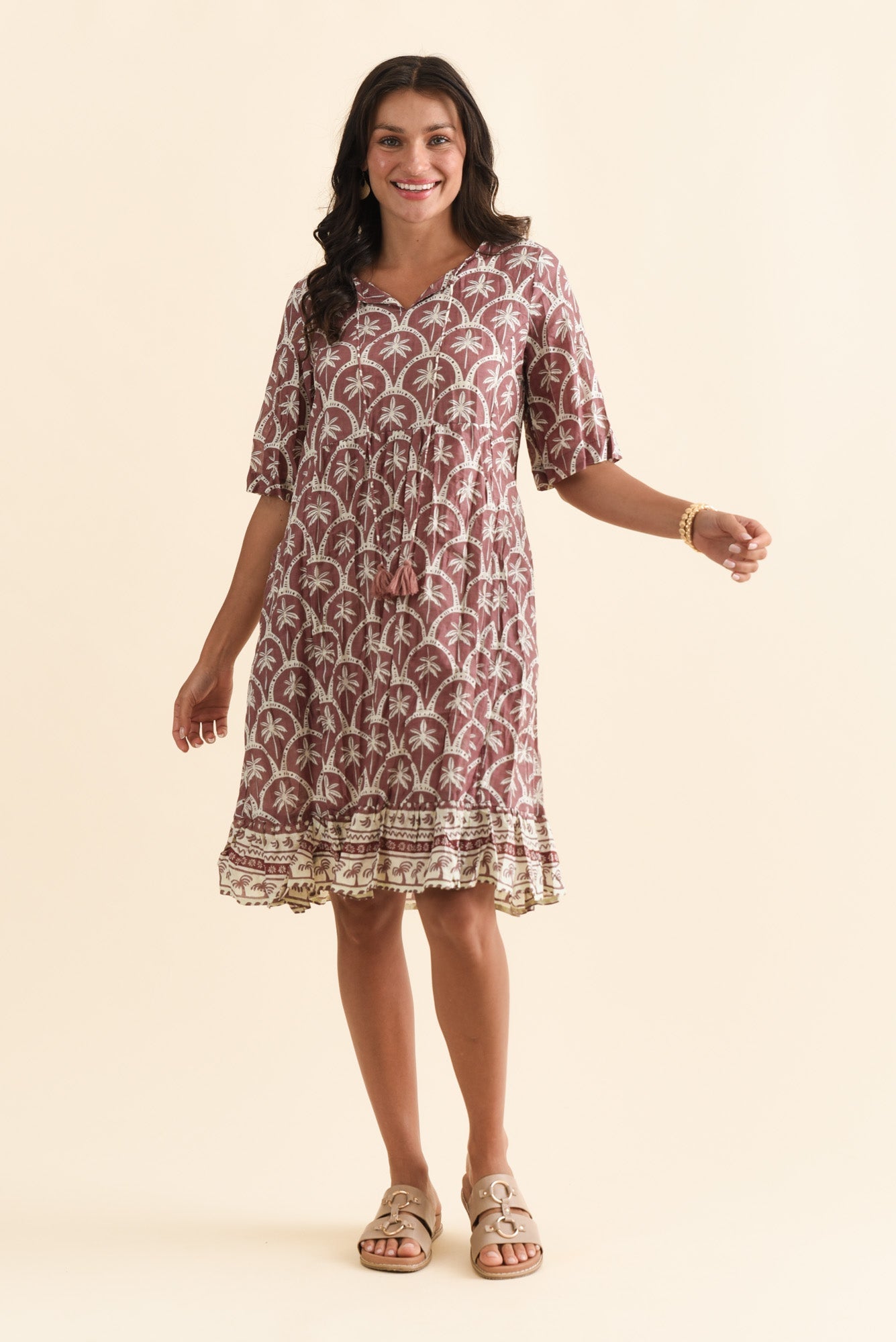 Mila Taupe Palm Crinkle Cotton Dress
