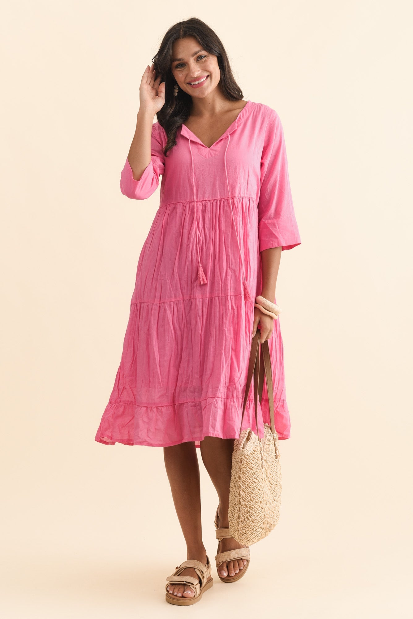Milana Bright Pink Crinkle Cotton Dress