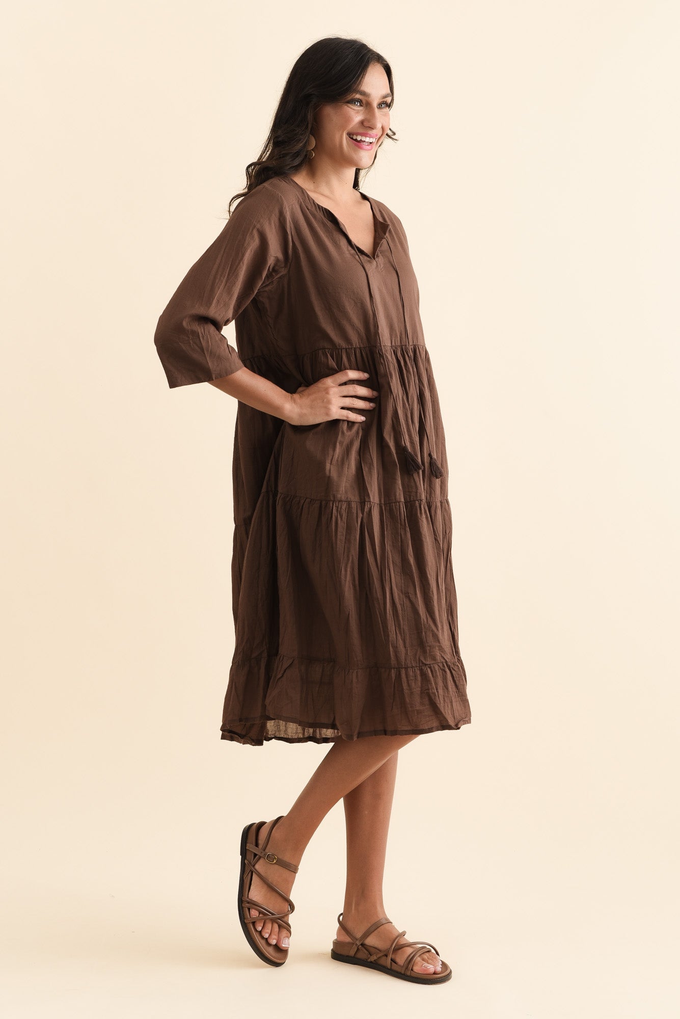 Milana Chocolate Crinkle Cotton Dress Side View