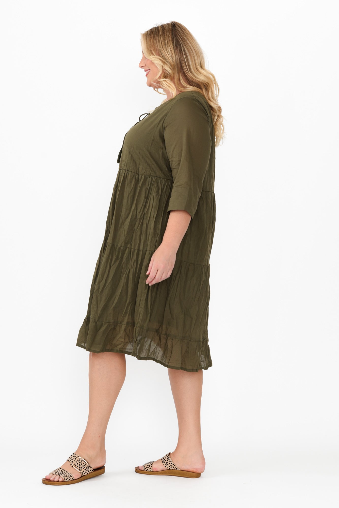 Milana Khaki Crinkle Cotton Dress Detail View 2