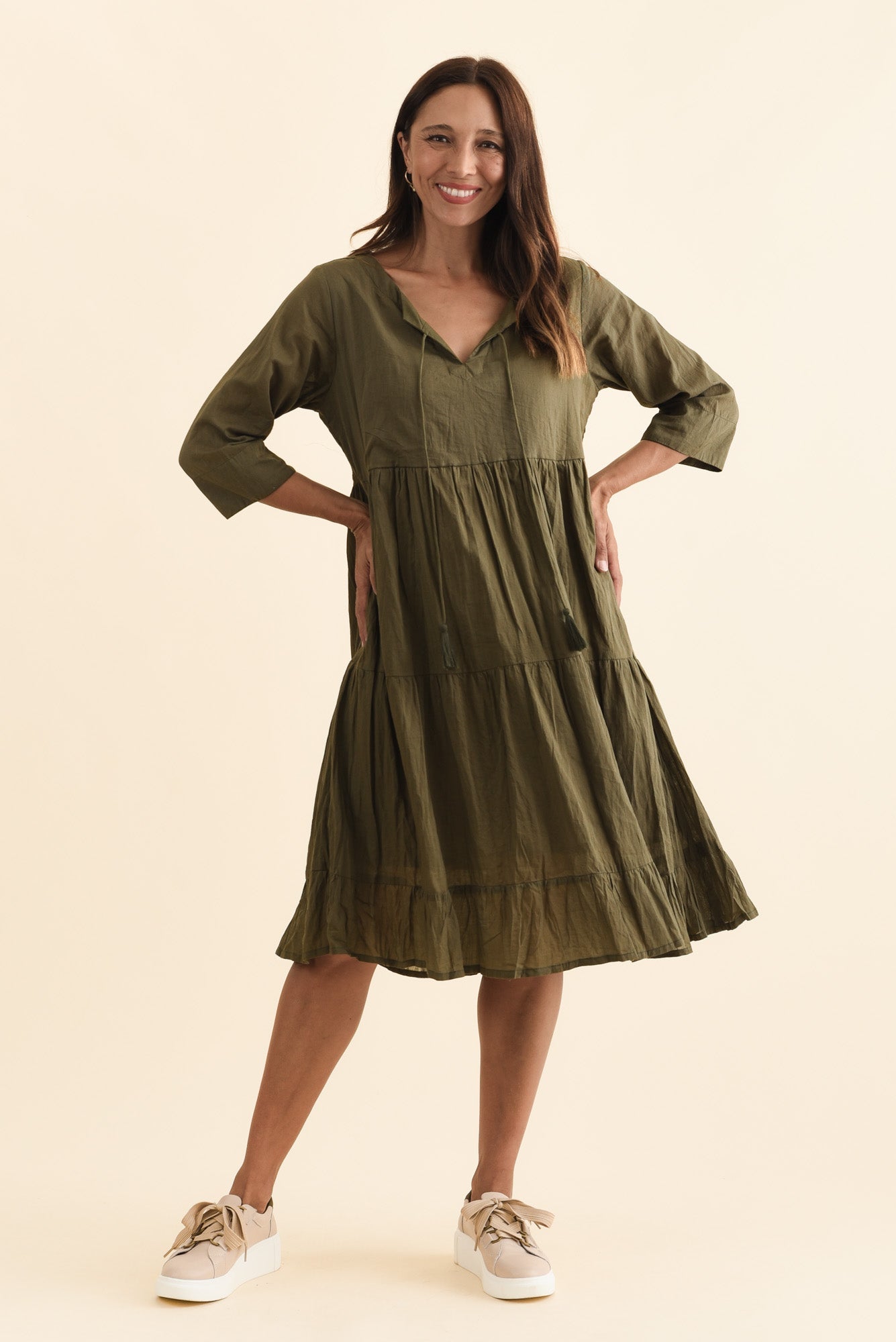 Milana Khaki Crinkle Cotton Dress Back View 2