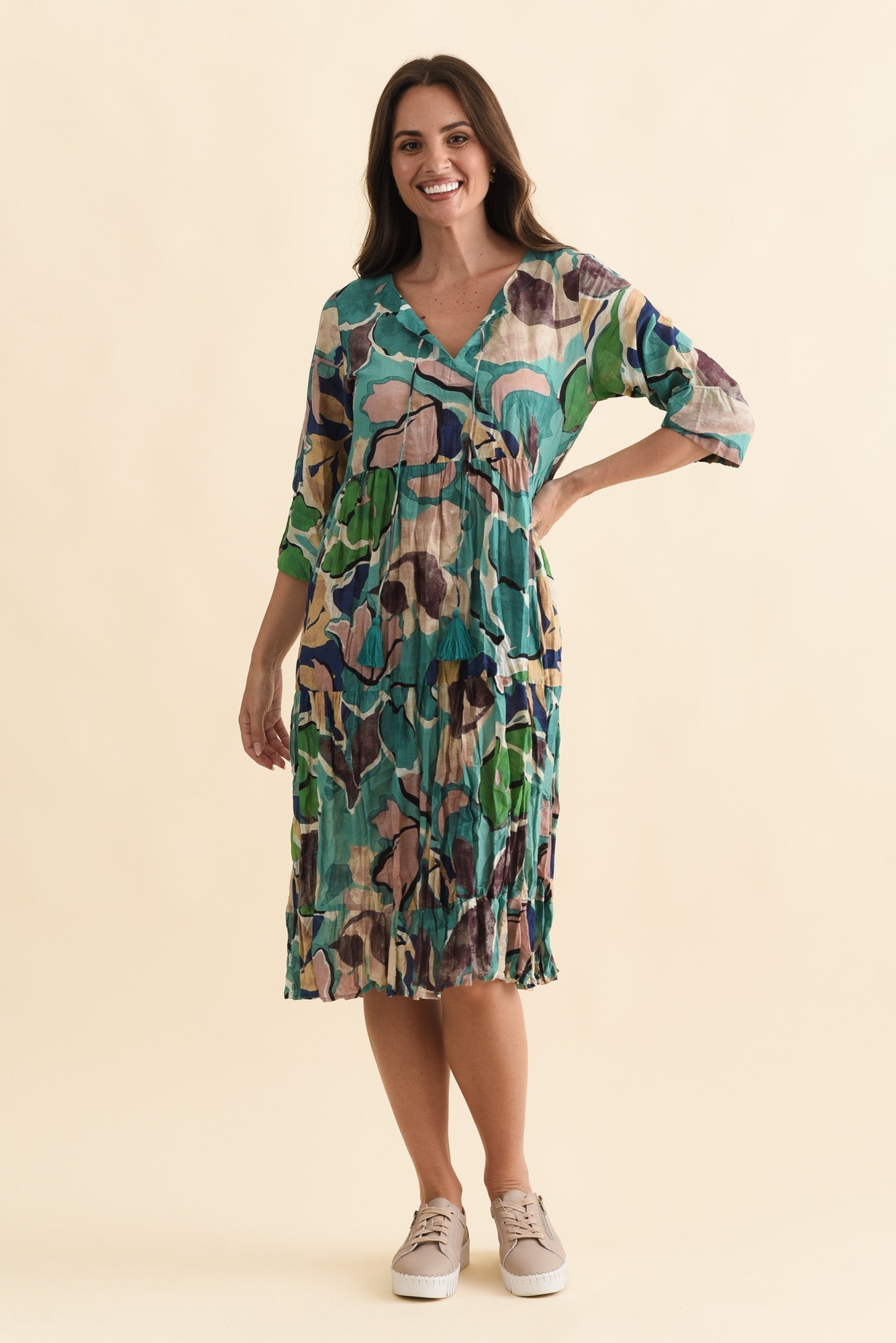 Milana Teal Foliage Crinkle Cotton Dress