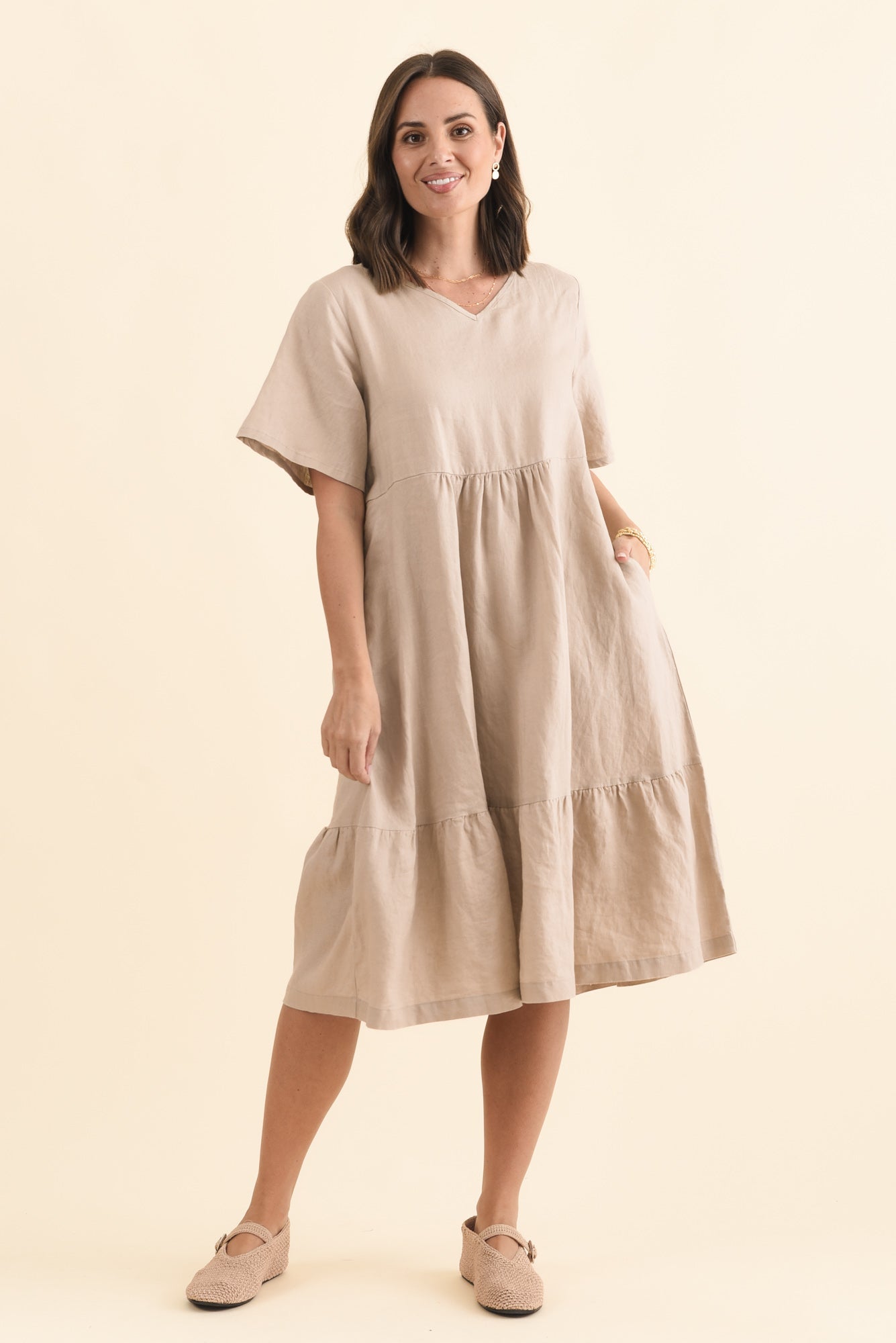 Miller Beige Linen Tiered Dress