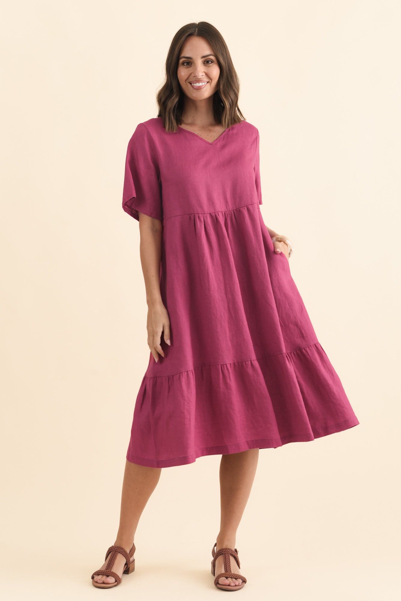 Miller Pink Linen Tiered Dress