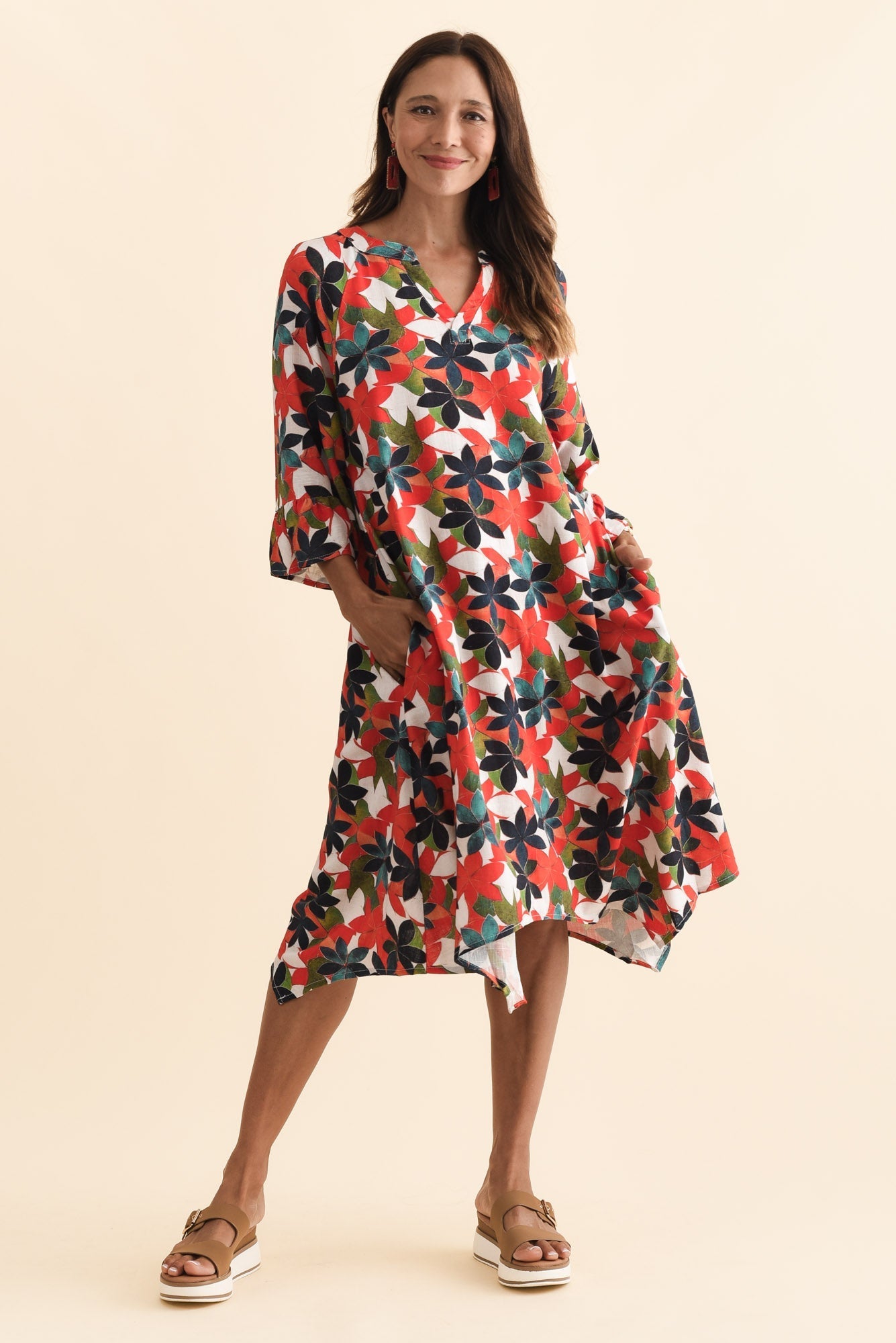 Millicent Red Leaf Linen Cotton Dress